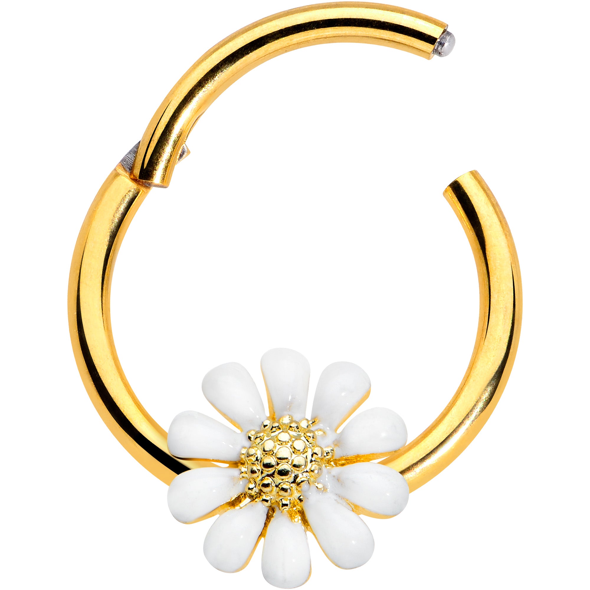 16G 3/8 Gold Tone Innocence White Flower Hinged Segment Ring