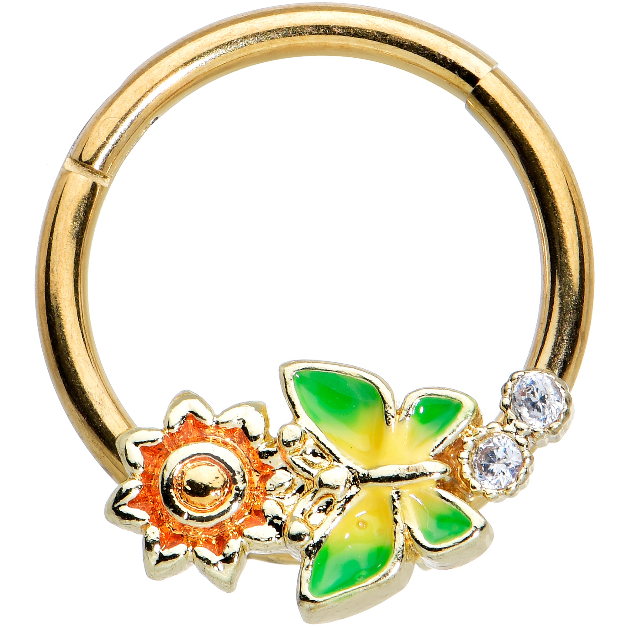 16G 3/8 Clear CZ Gem Gold Tone Sun Butterfly Hinged Segment Ring
