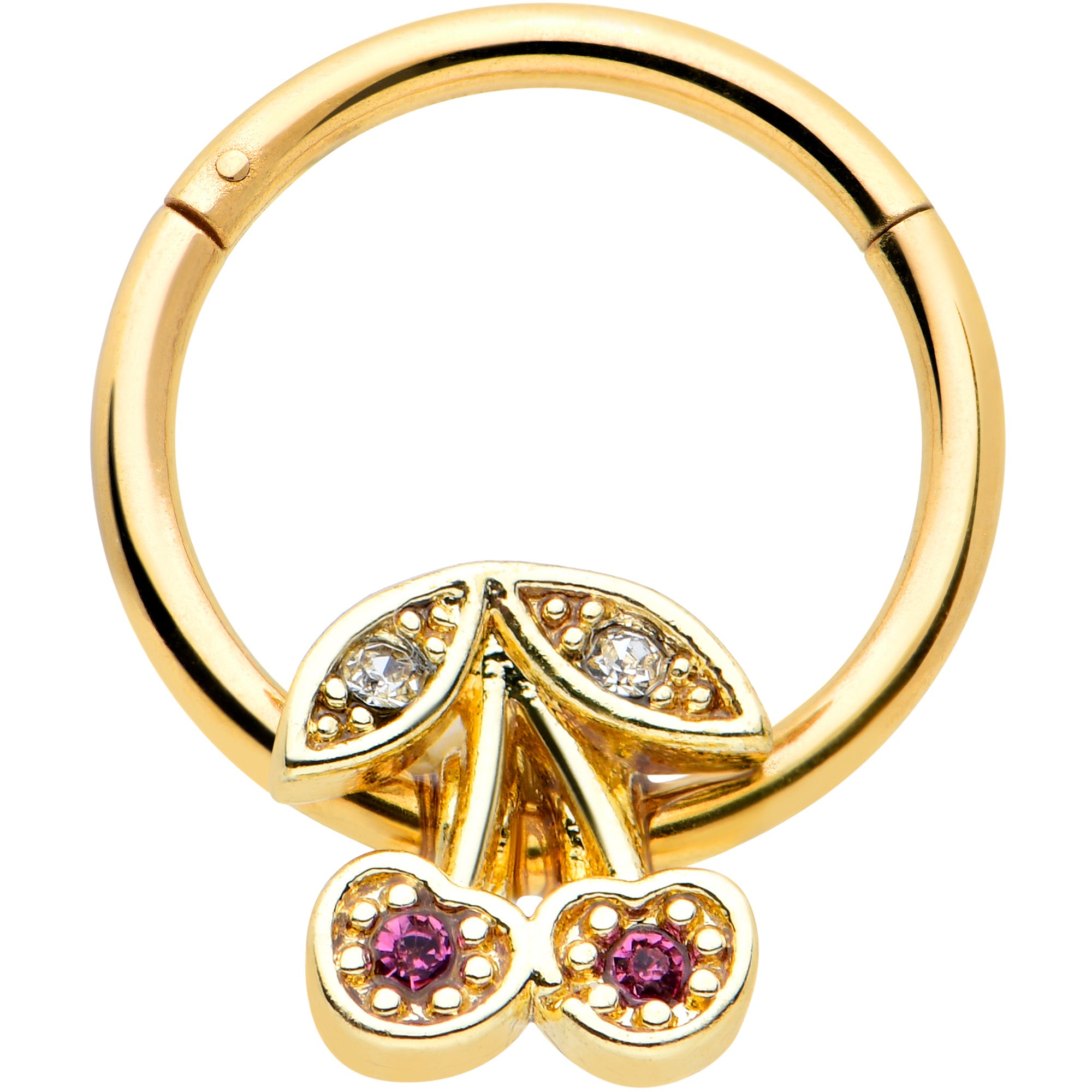 16G 3/8 Clear Purple Gem Gold Tone Cherries Hinged Segment Ring