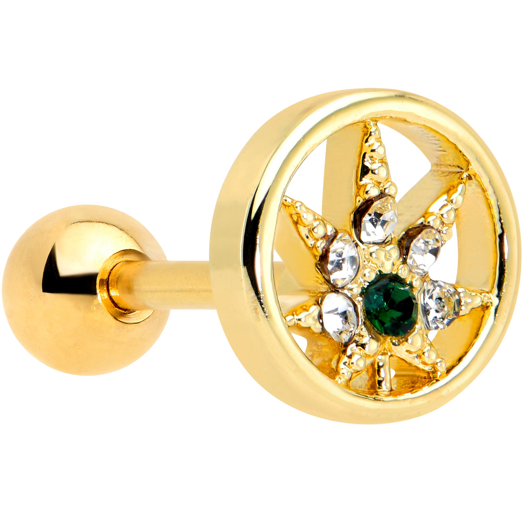 16G 1/4 Clear Green Gem Gold Hue Pot Leaf Circle Cartilage Tragus