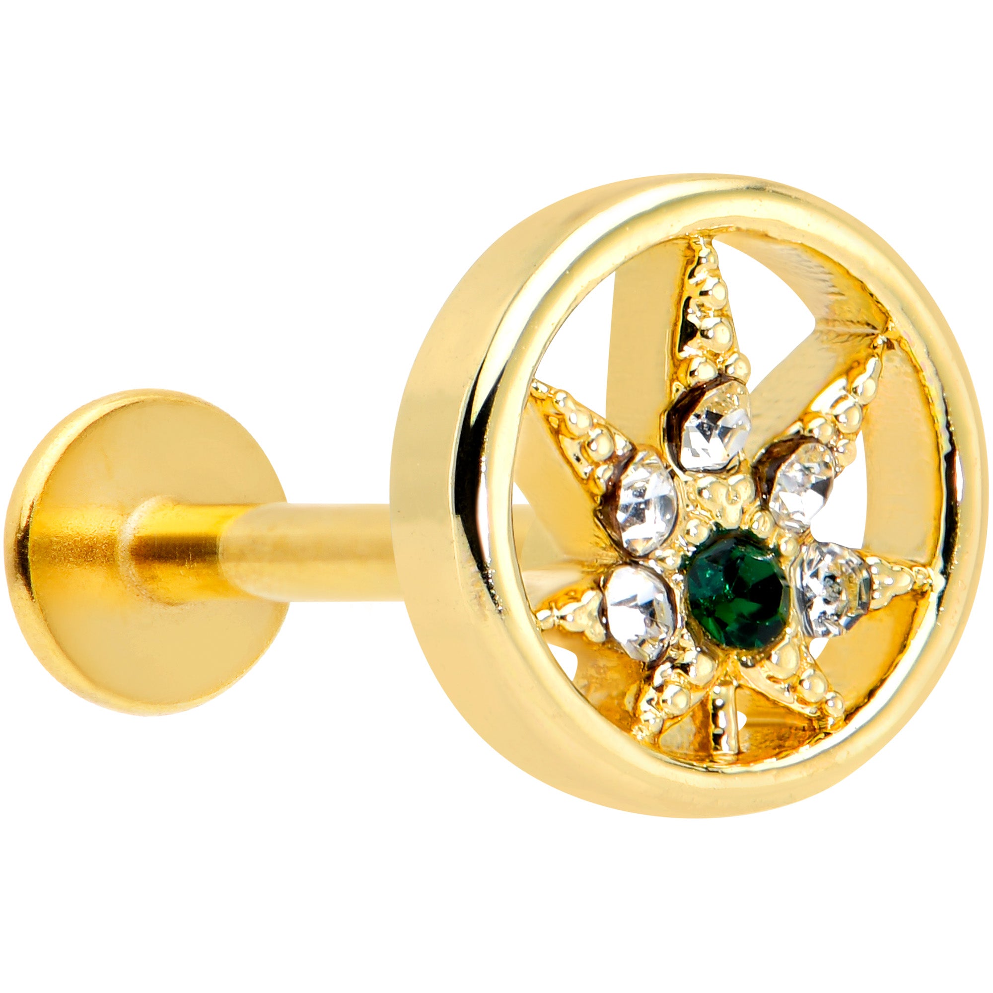 16G 5/16 Clear Green Gem Gold Tone Pot Leaf Circle Labret Tragus