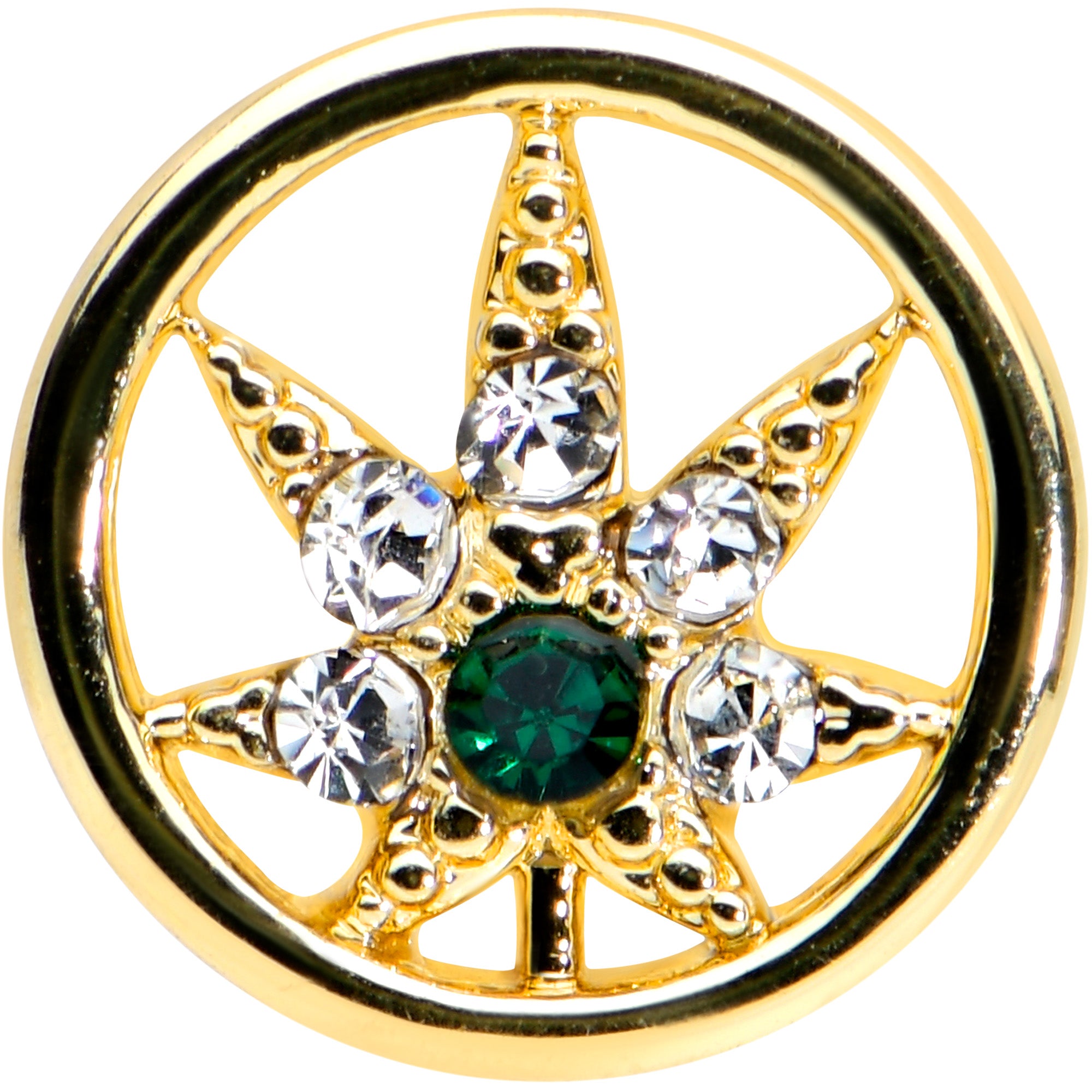 16G 5/16 Clear Green Gem Gold Tone Pot Leaf Circle Labret Tragus
