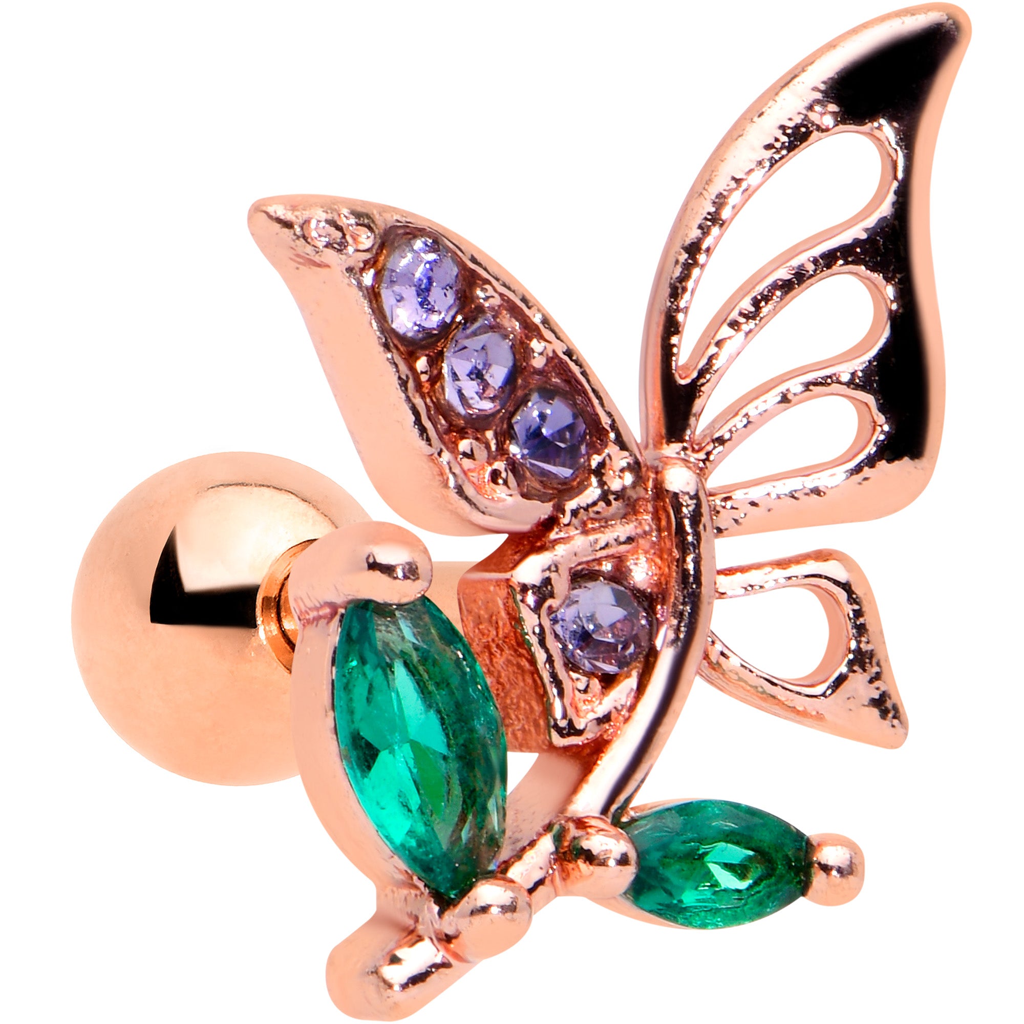 16G 1/4 Purple Gem Rose Gold Hue Floral Butterfly Cartilage Tragus