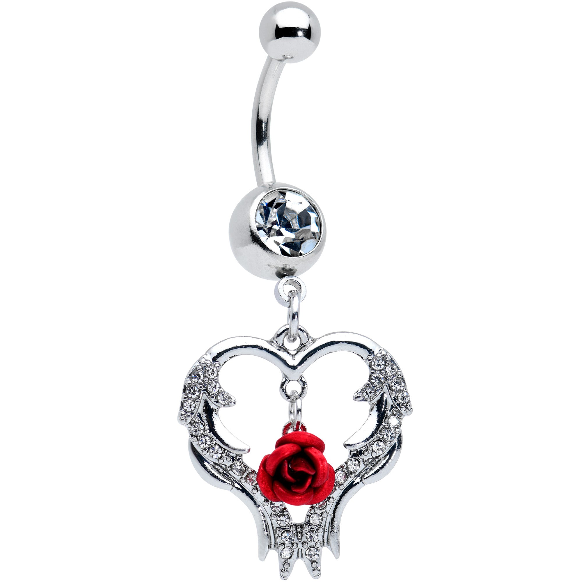 Clear Gem Heart Red Rose Valentines Day Dangle Belly Ring