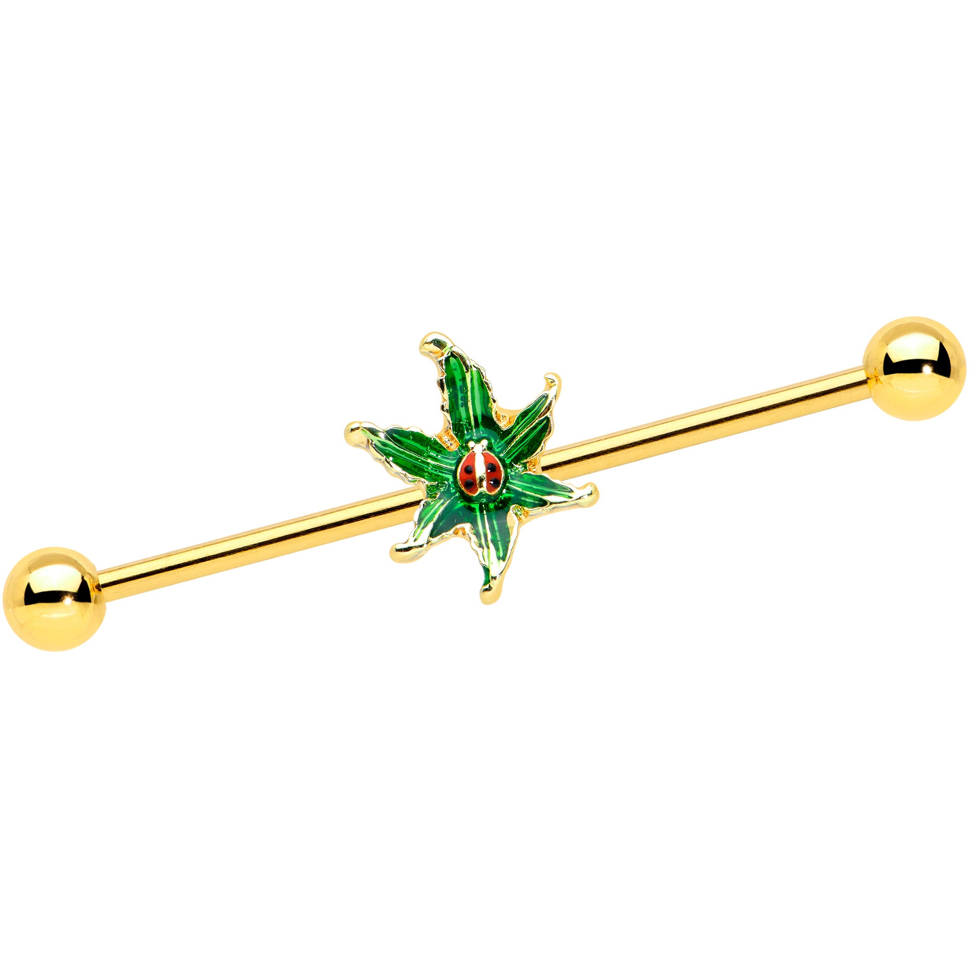 14G Gold Tone Tiny Ladybug Leaves Industrial Barbell 38mm