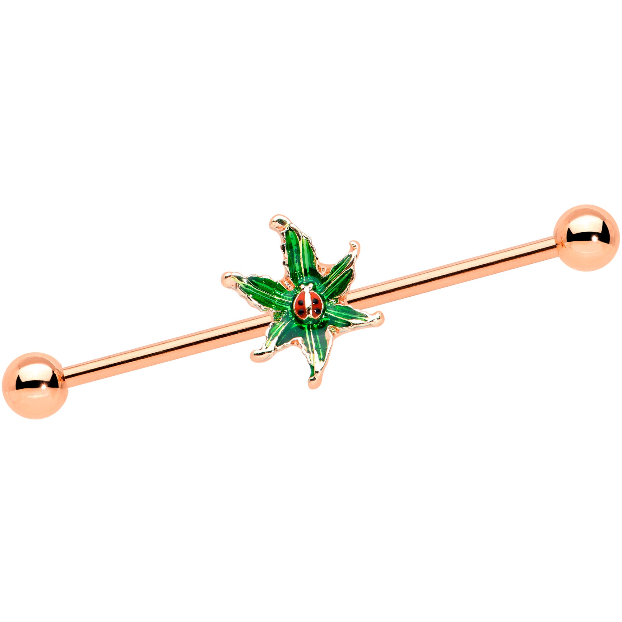 14G Rose Gold Tone Tiny Ladybug Leaves Industrial Barbell 38mm