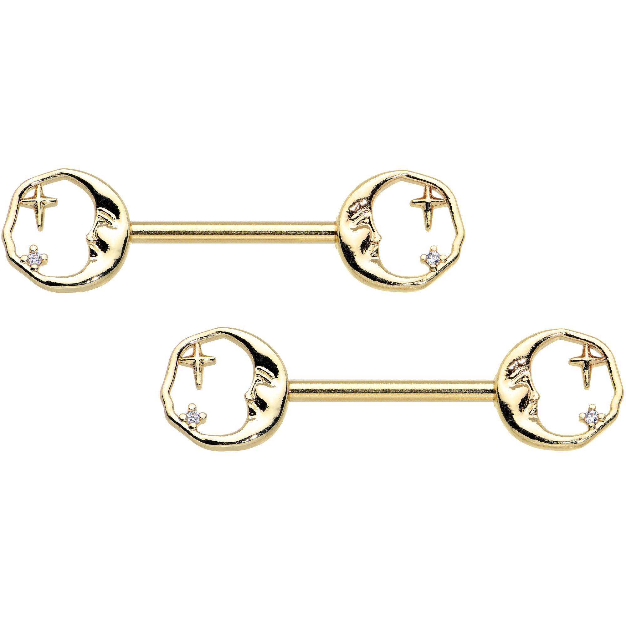 14G 9/16 Gold Tone Face Crescent Moon Barbell Nipple Ring Set