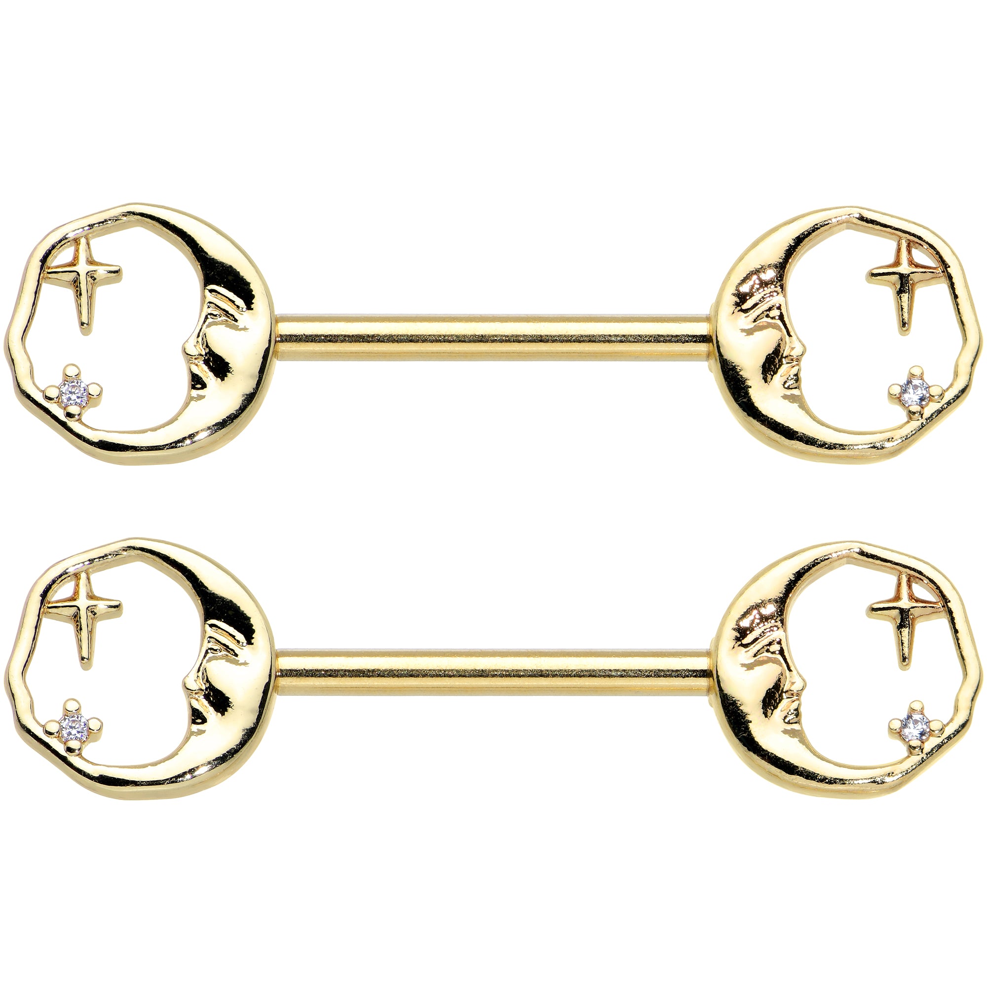 14G 9/16 Gold Tone Face Crescent Moon Barbell Nipple Ring Set