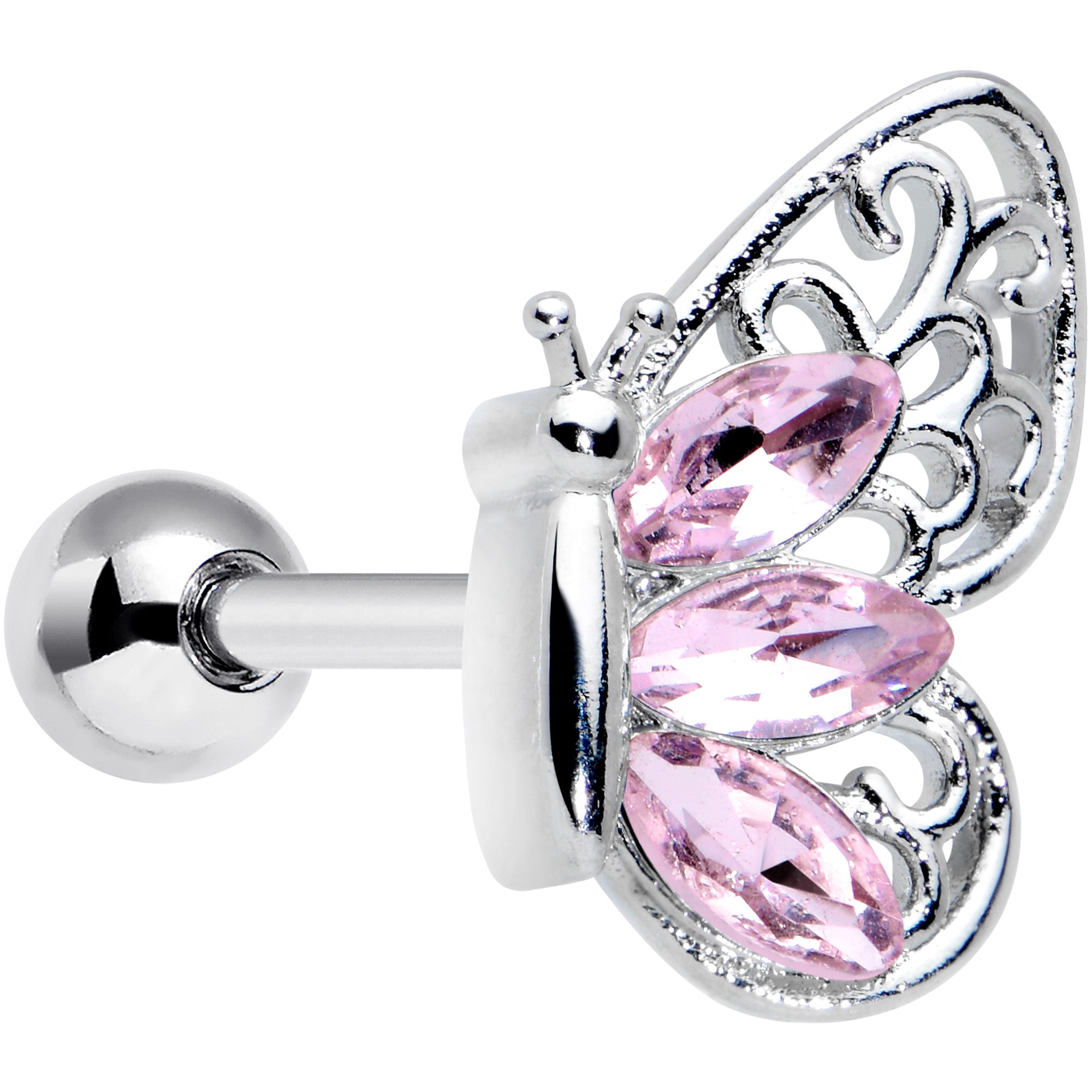 16G 1/4 Pink Gem Lacy Butterfly Cartilage Tragus Earring