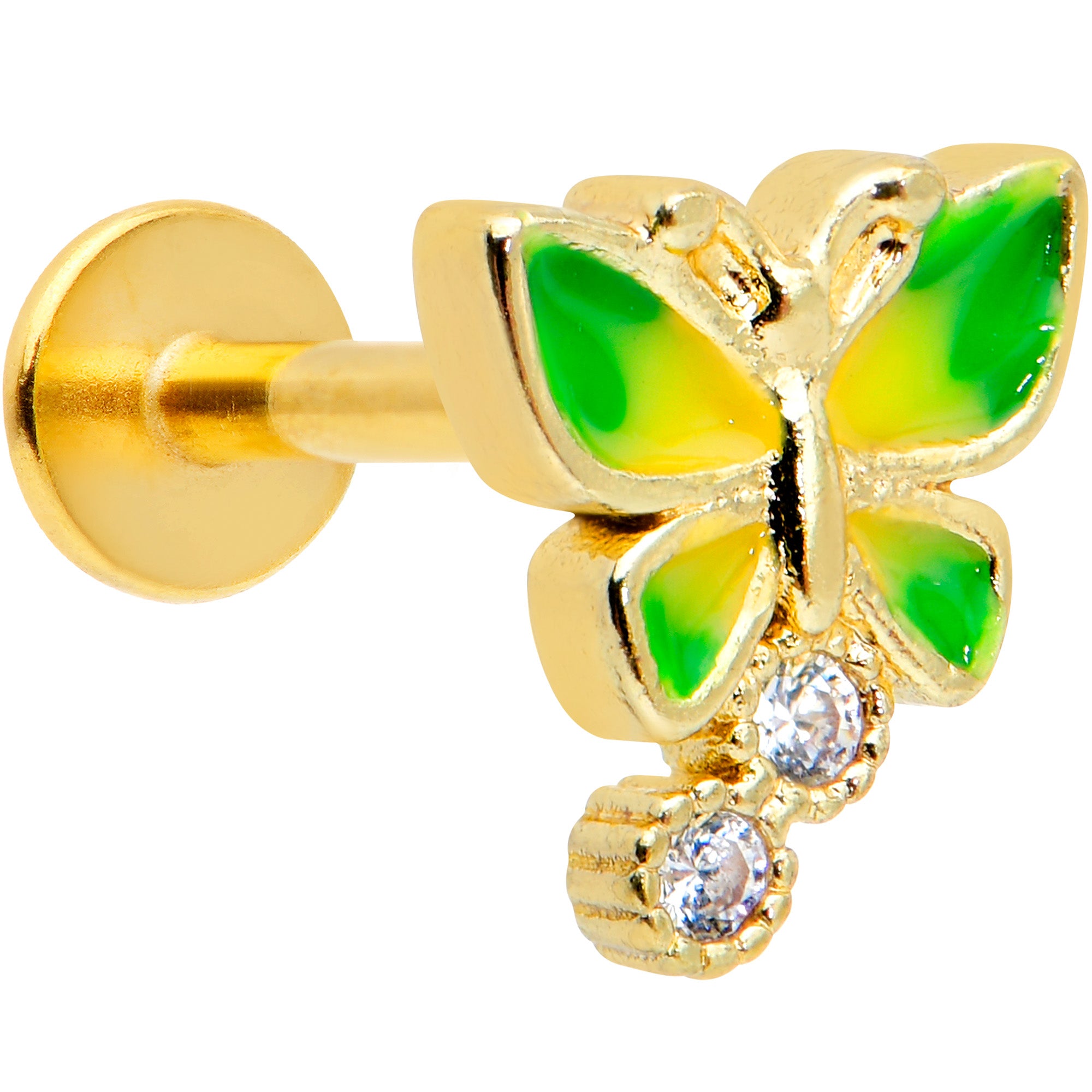 16G 5/16 Clear CZ Gem Gold Tone Butterfly Green Labret Monroe Tragus