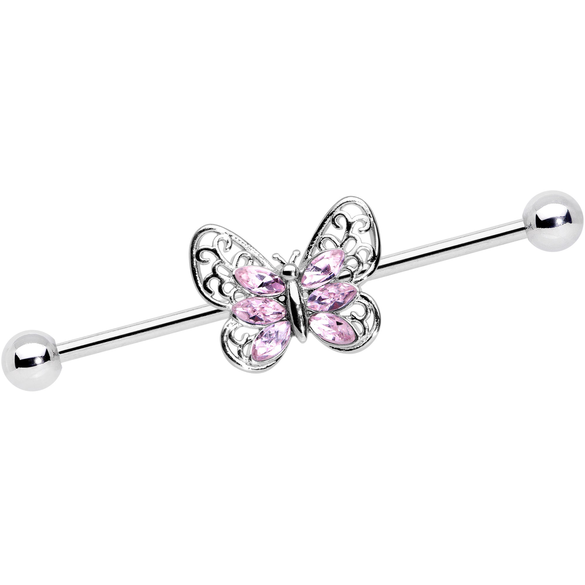 14G Pink Gem Lacy Butterfly Industrial Barbell 38mm