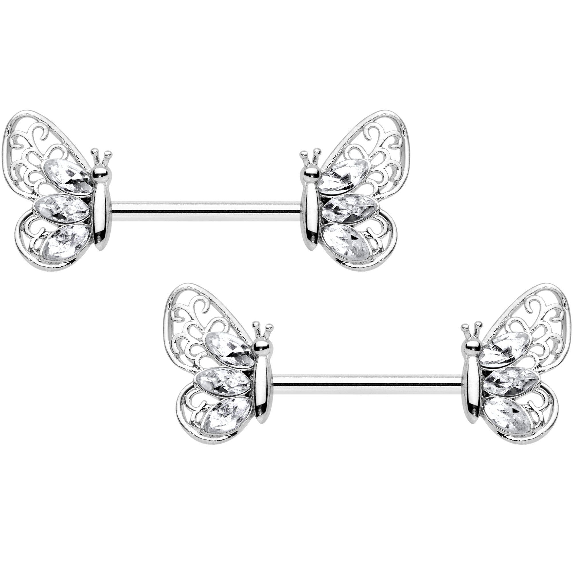 14G 9/16 Clear Gem Lacy Butterfly Barbell Nipple Ring Set
