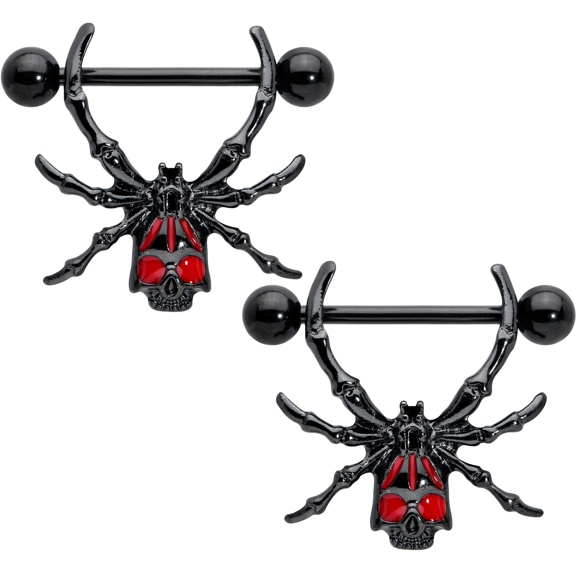 14G 9/16 Black Red Skull Spider Halloween Nipple Shield Set
