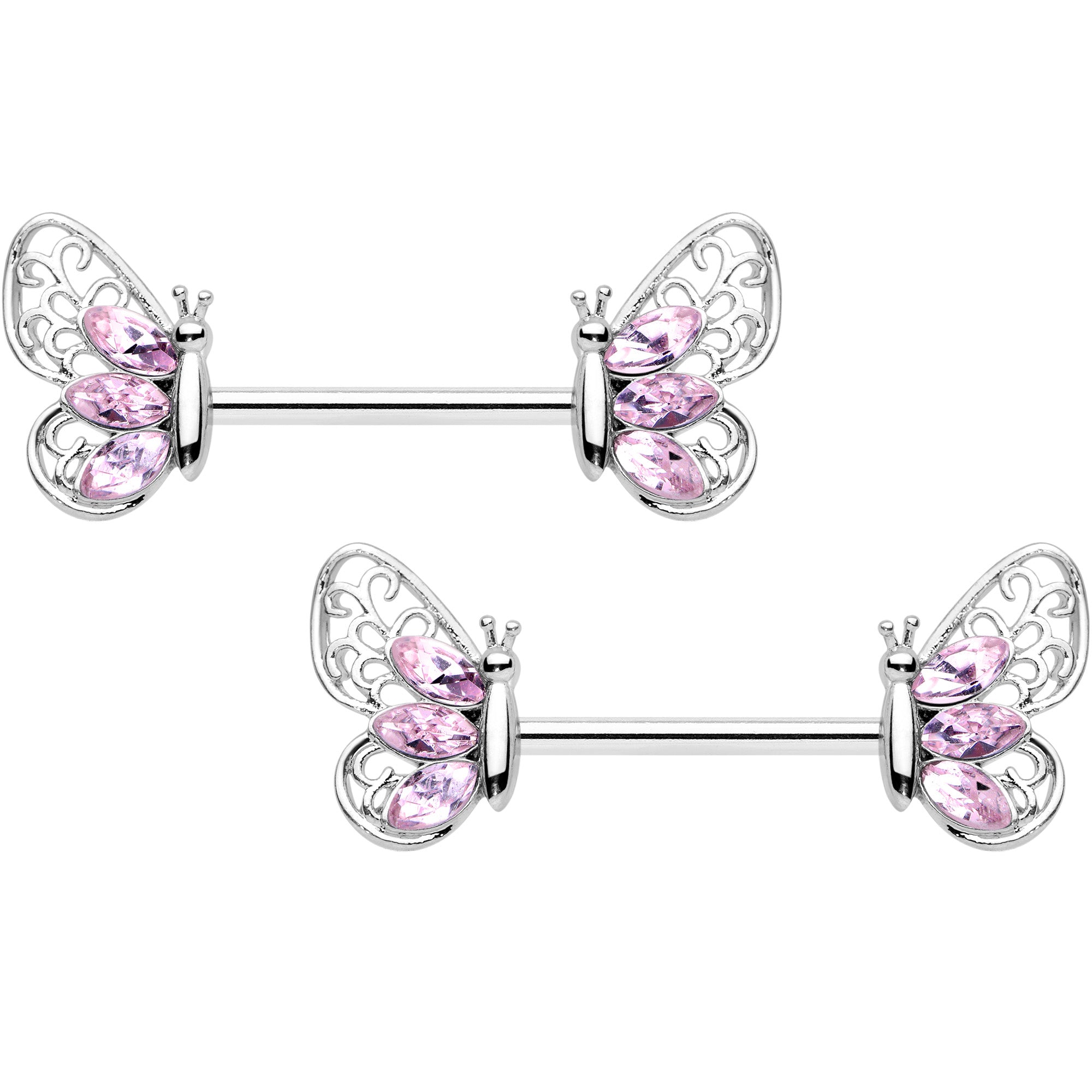 14G 9/16 Pink Gem Lacy Butterfly Barbell Nipple Ring Set