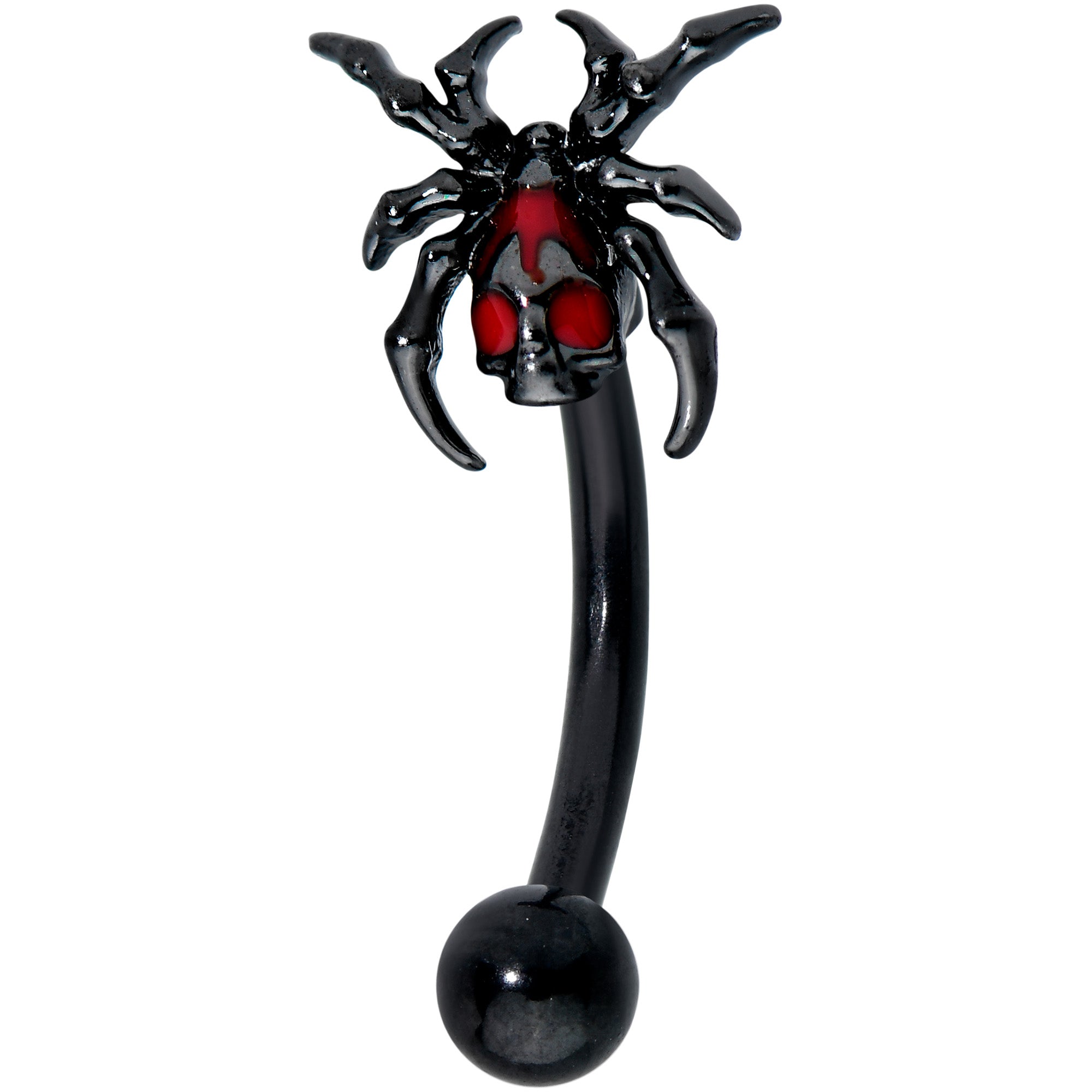 16G 5/16 Red Gem Black Spider Skull Halloween Curved Eyebrow Ring