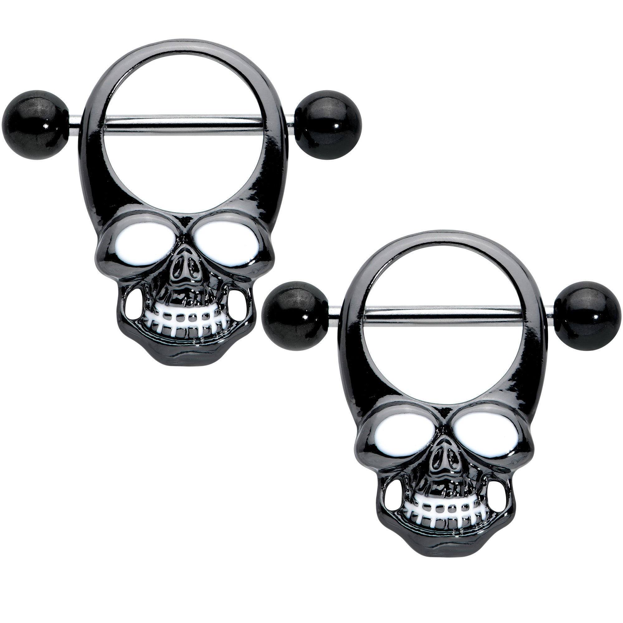 14G 1/2 Black Grinning Skull Nipple Shield Set