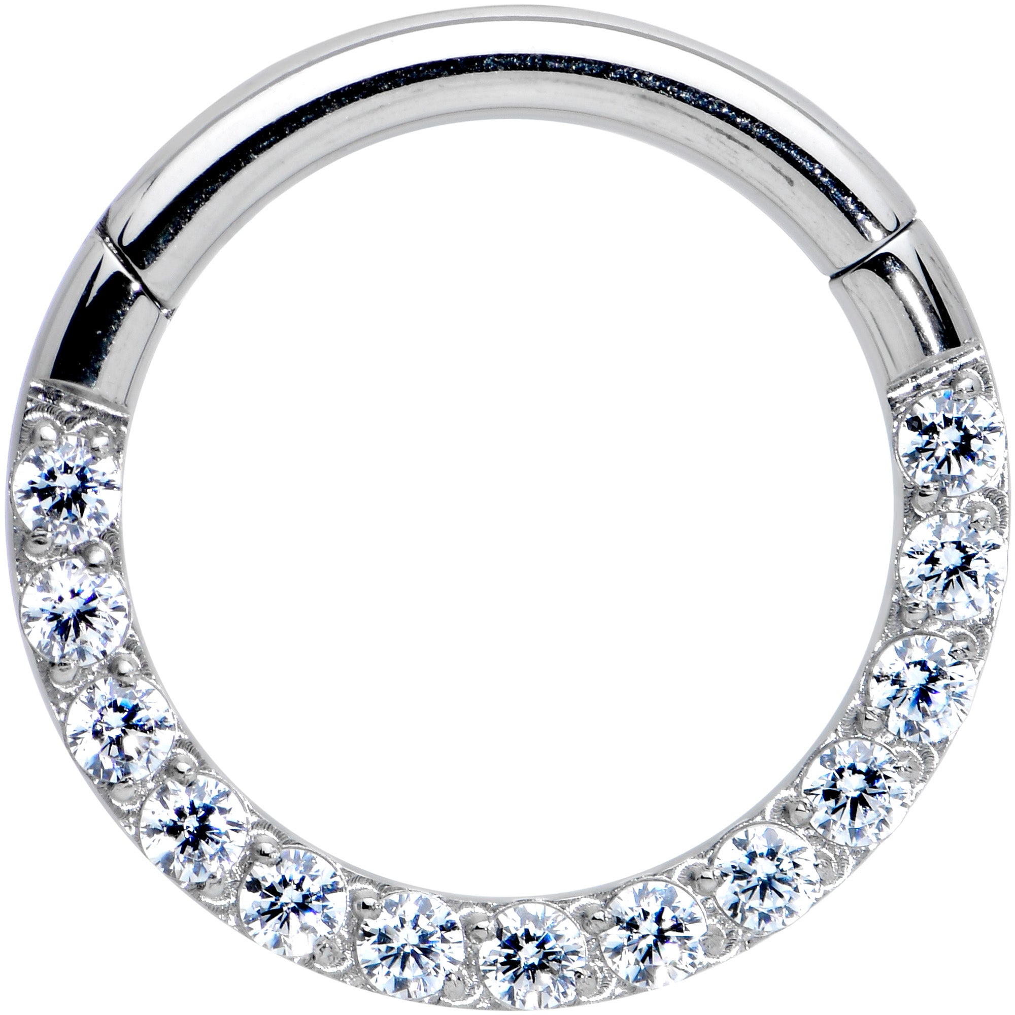 14G 3/8 Clear CZ Gem G23 Titanium Paved Hinged Segment Ring