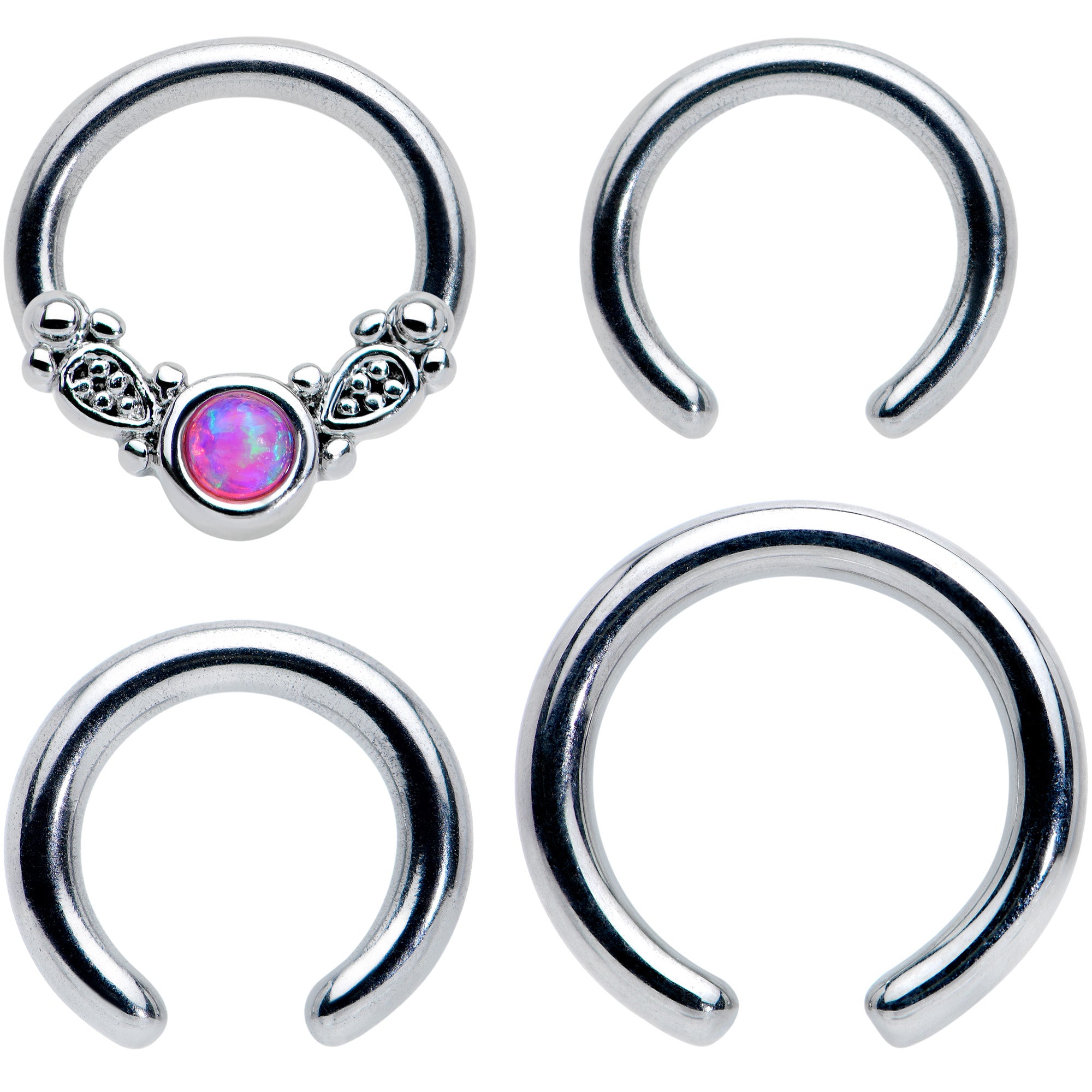 14 16G 1/4 5/16 Pink Synthetic Opal Ornate Captive Ring Set of 4