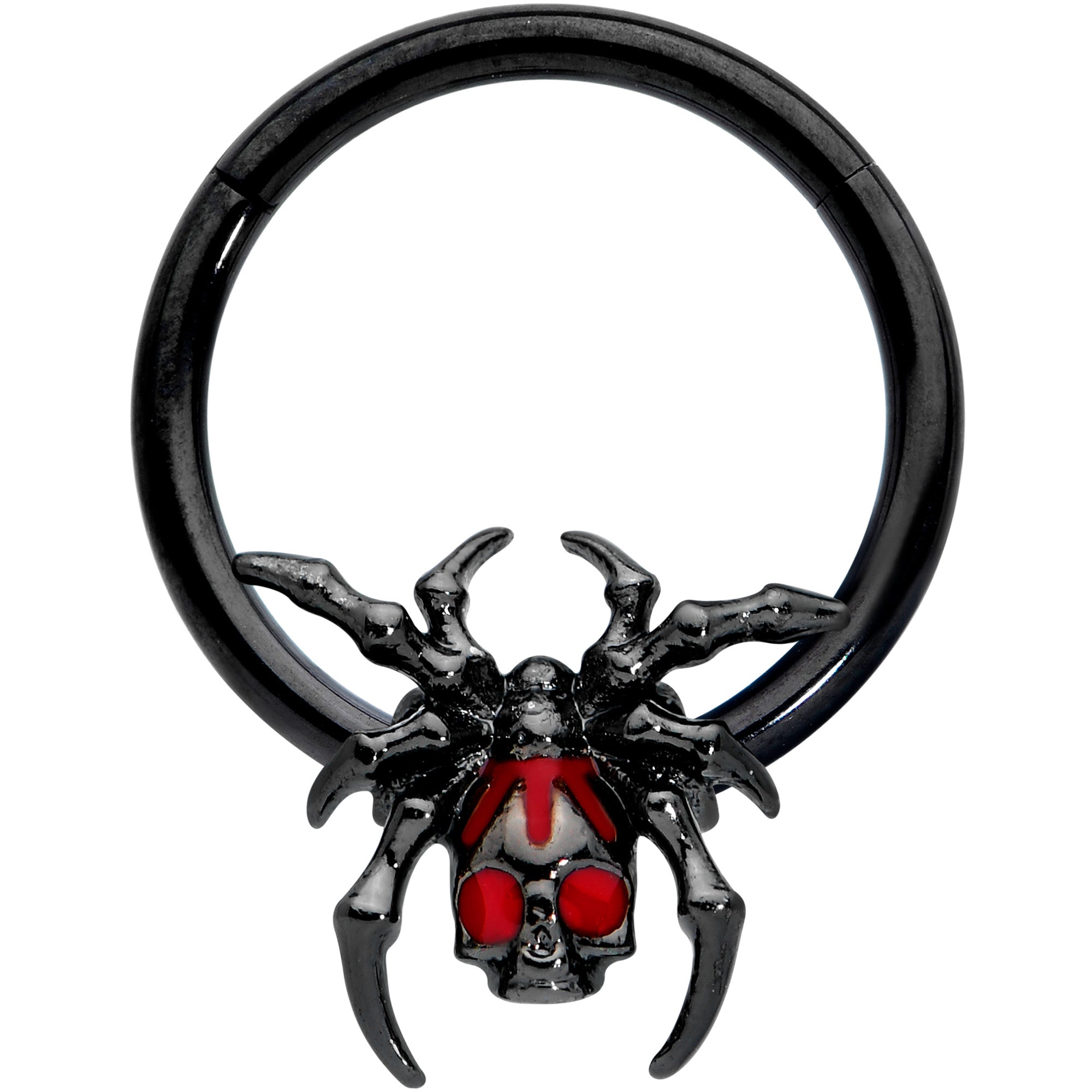 16G 3/8 Red Gem Black Spider Skull Halloween Hinged Segment Ring