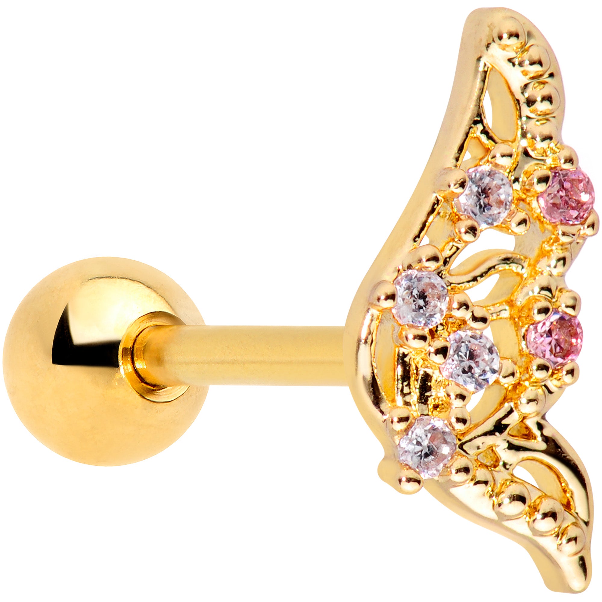 16G 1/4 Clear Pink Gem Gold Tone Airy Wing Cartilage Tragus