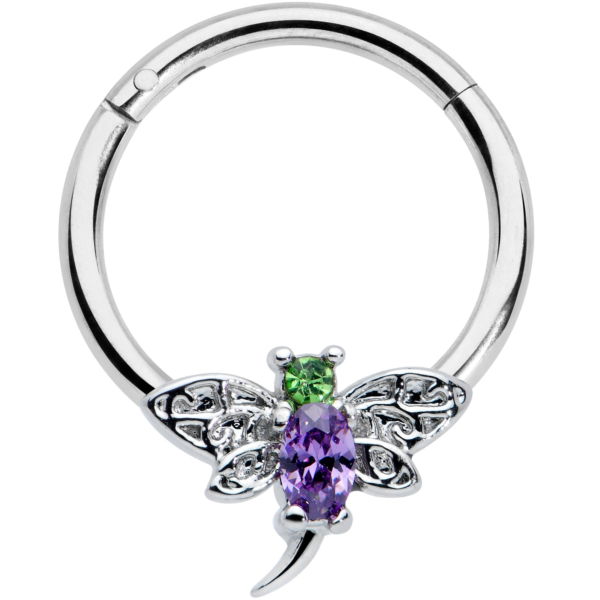 16G 3/8 Green Purple Gem Dragonfly Hinged Segment Ring