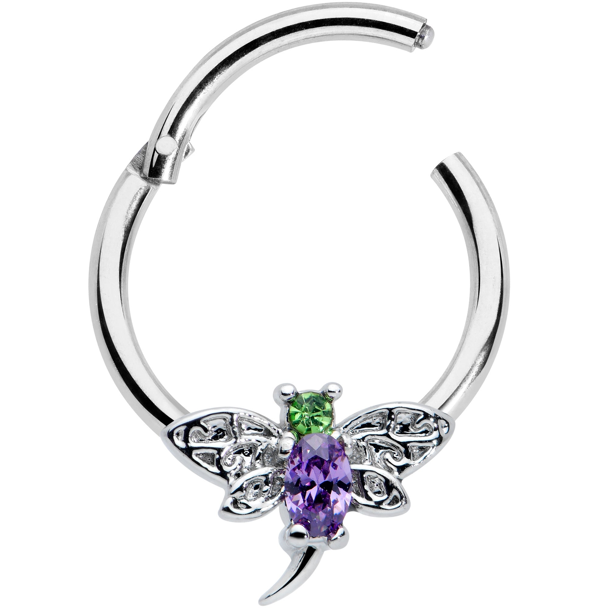 16G 3/8 Green Purple Gem Dragonfly Hinged Segment Ring