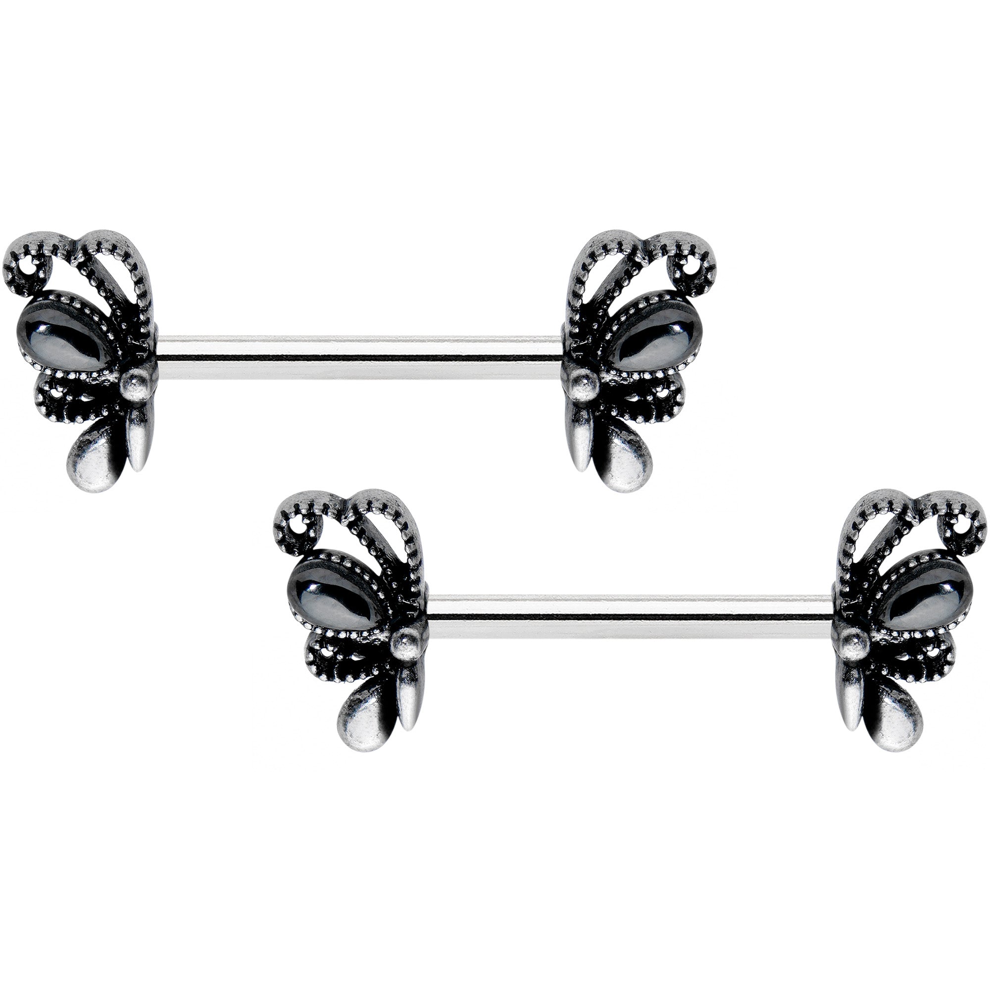 14G 1/2 Black Gem Abstract Bow Barbell Nipple Ring Set
