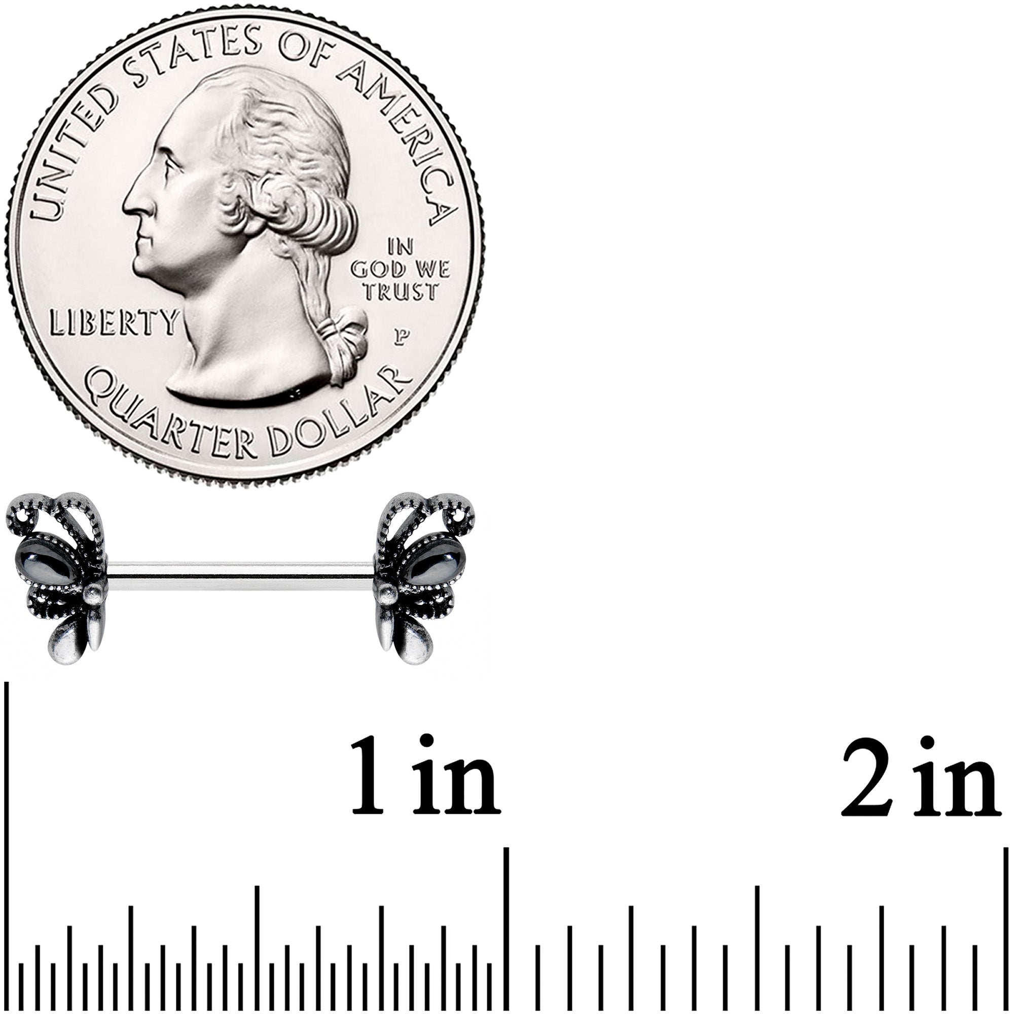 14G 1/2 Black Gem Abstract Bow Barbell Nipple Ring Set