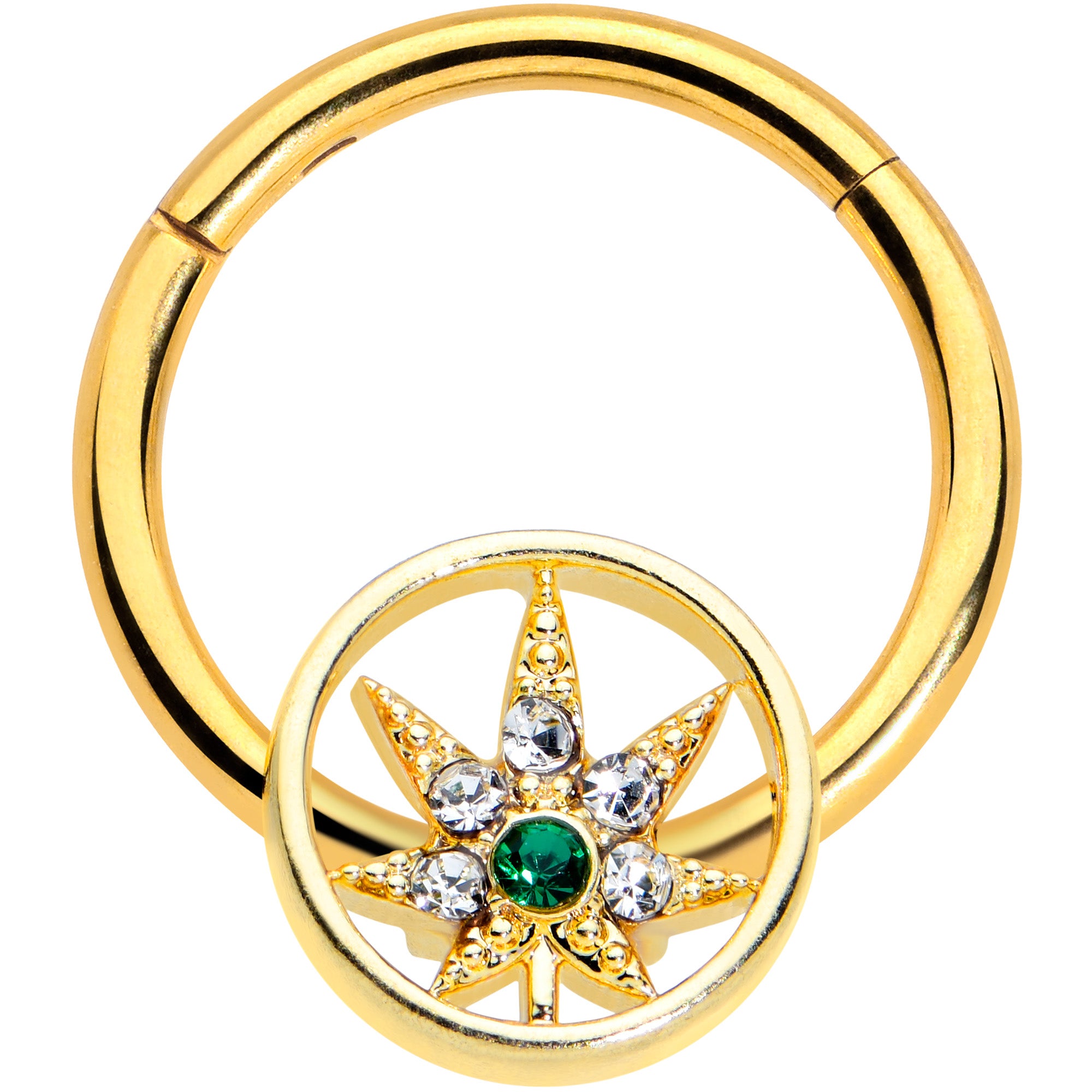 16G 3/8 Clear Gem Gold Tone Pot Leaf Circle Hinged Segment Ring