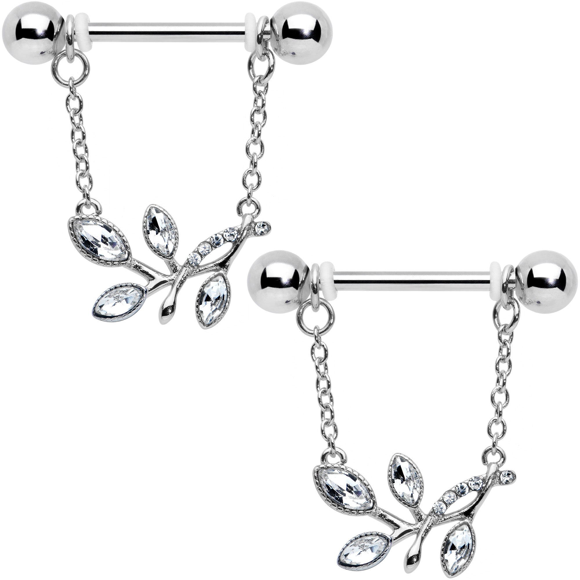14G 9/16 Clear Gem Leaves of Love Chain Dangle Nipple Ring Set