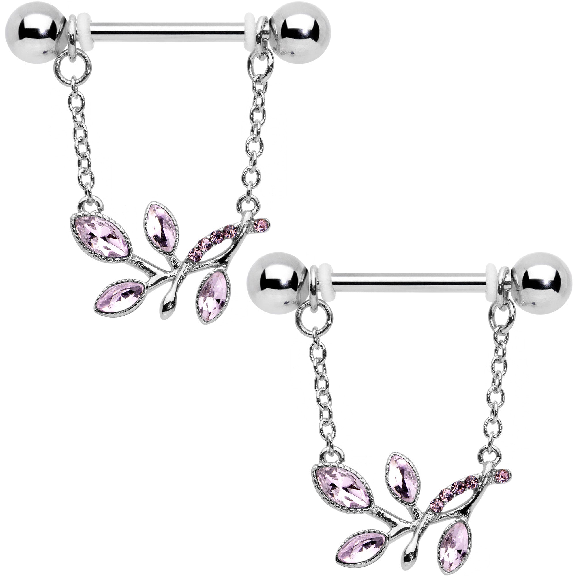 14G 9/16 Pink Gem Leaves of Love Chain Dangle Nipple Ring Set