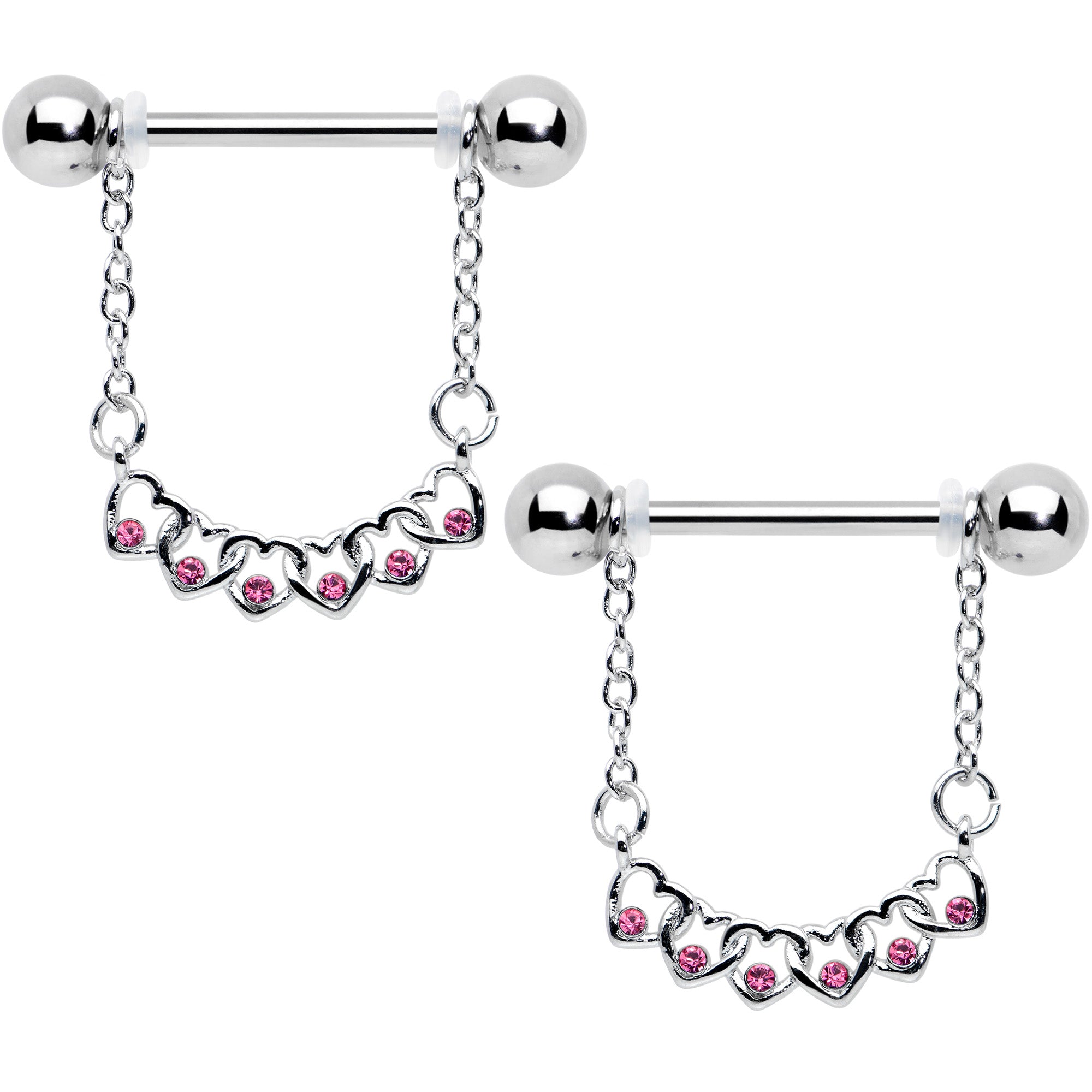 14G 9/16 Pink Gem Link Heart Valentine Dangle Nipple Ring Set