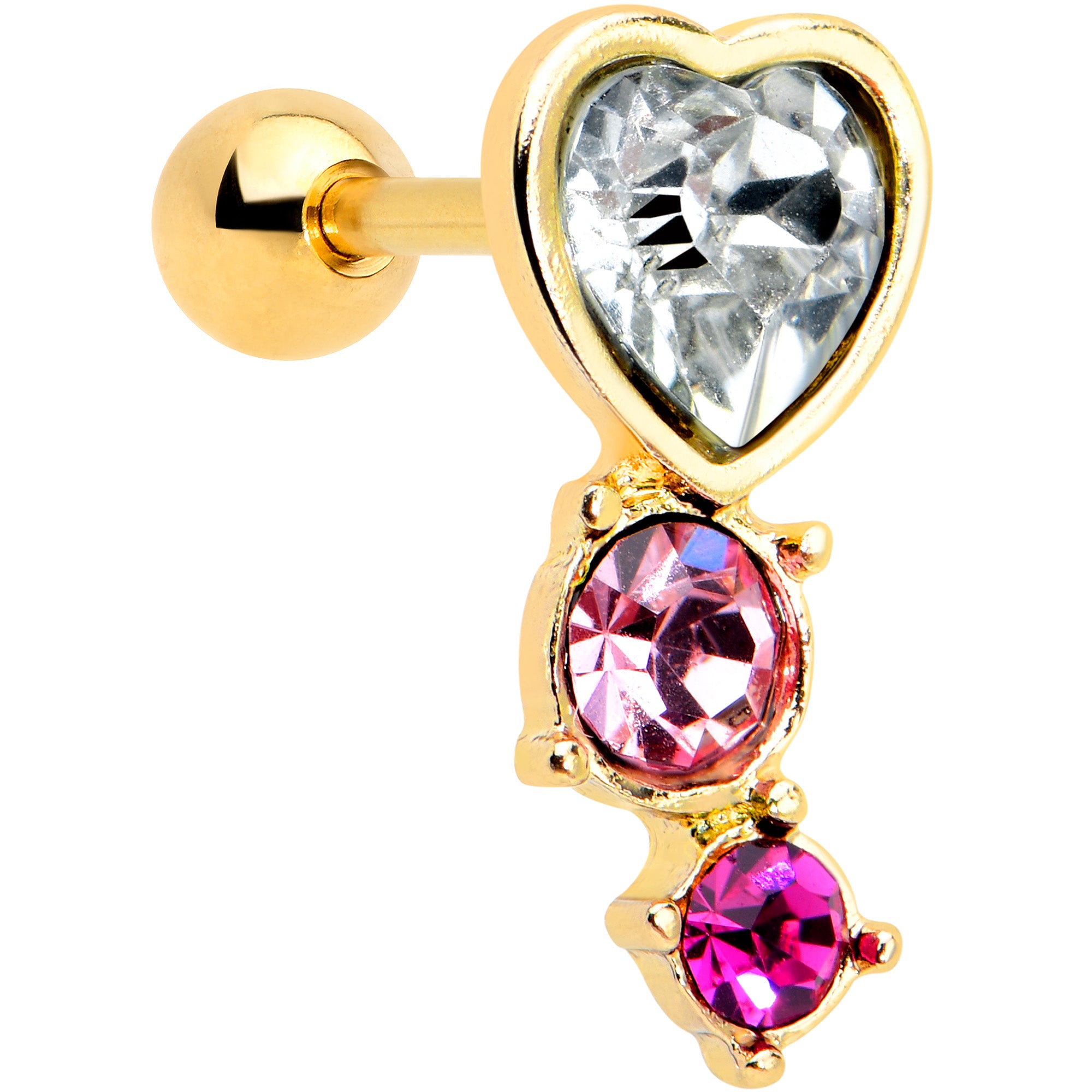 16G 1/4 Clear Pink Gem Gold Tone Heart Cartilage Tragus Earring