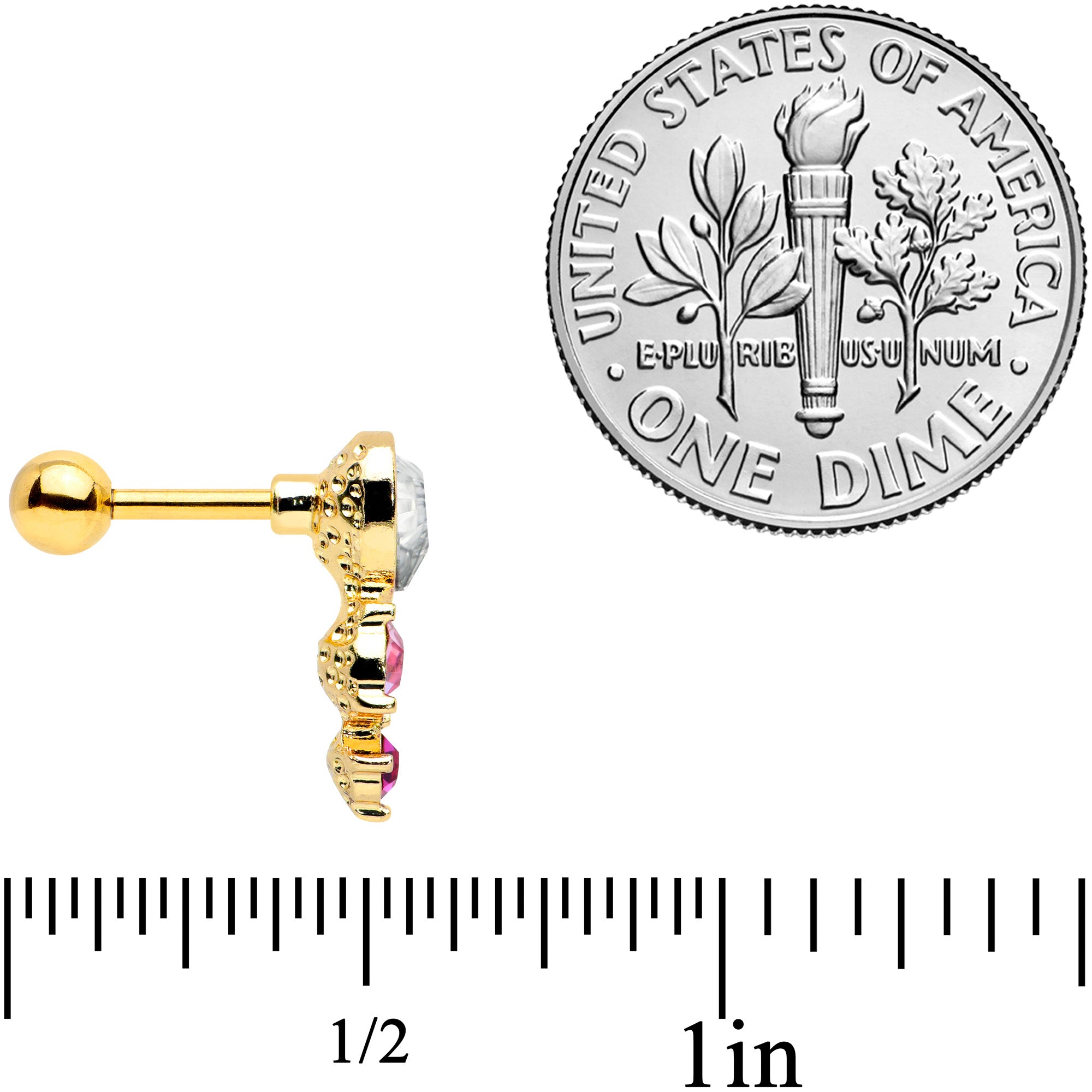 16G 1/4 Clear Pink Gem Gold Tone Heart Cartilage Tragus Earring