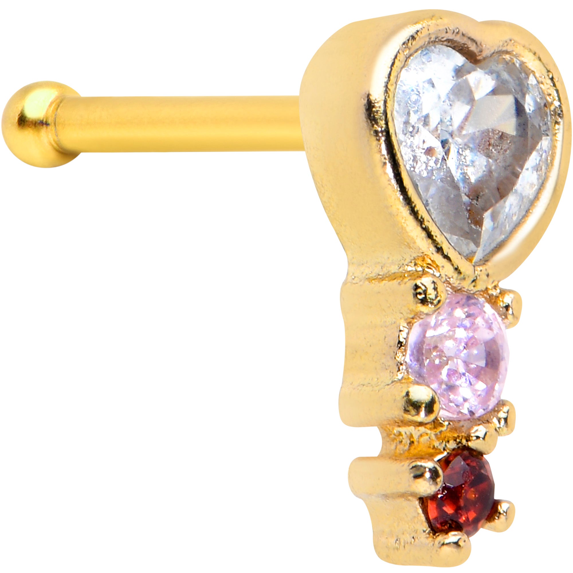 20G 1/4 Clear Pink Red CZ Gem Gold Tone Heart Valentine Nose Bone