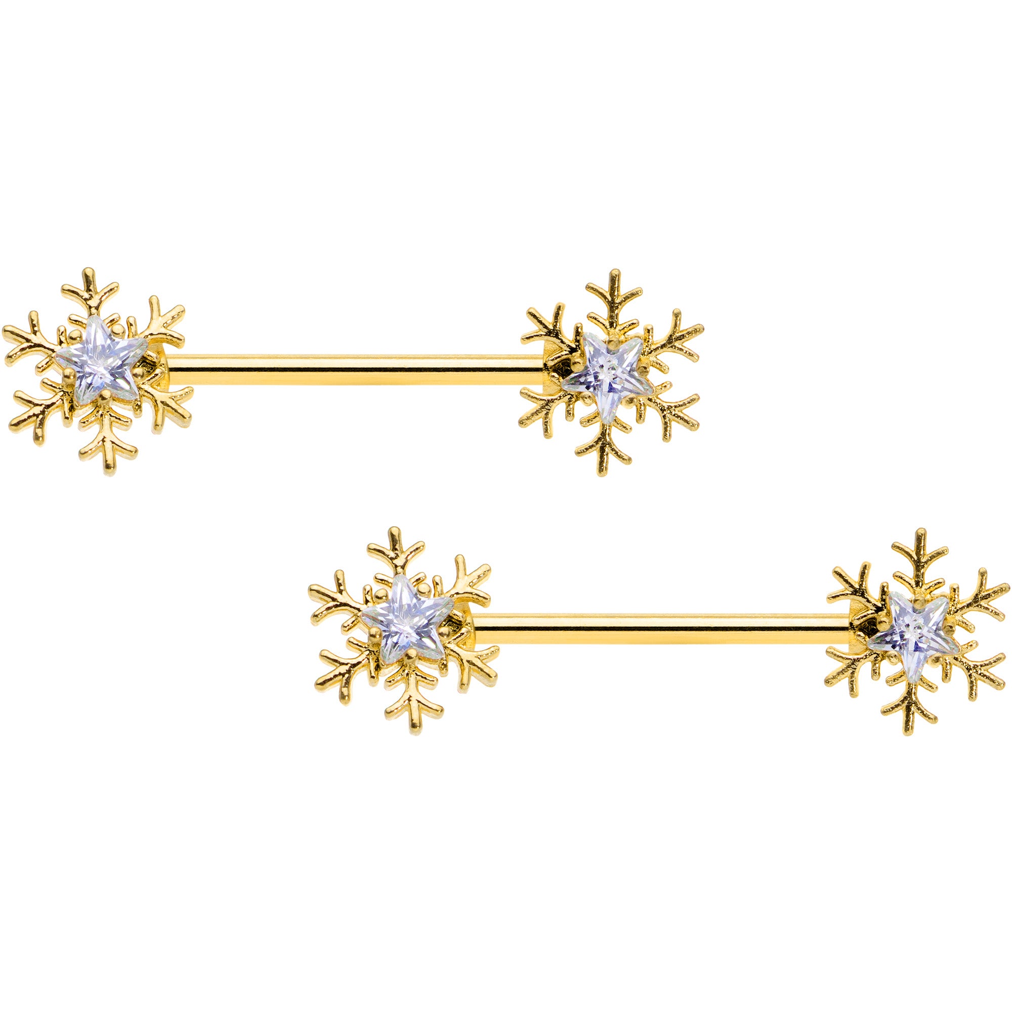 14G 9/16 Clear Gem Gold Tone Snowflake Christmas Nipple Ring Set