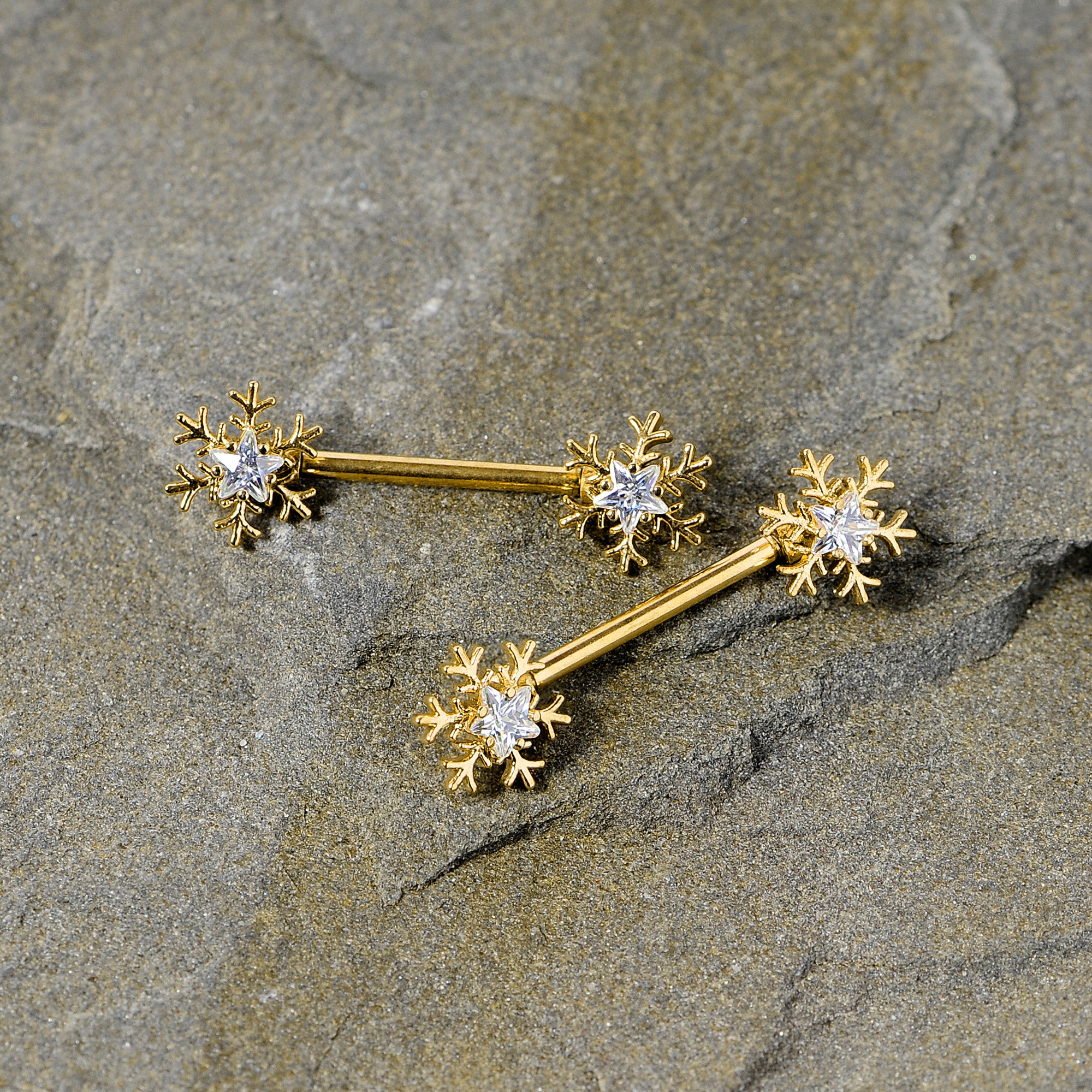 14G 9/16 Clear Gem Gold Tone Snowflake Christmas Nipple Ring Set