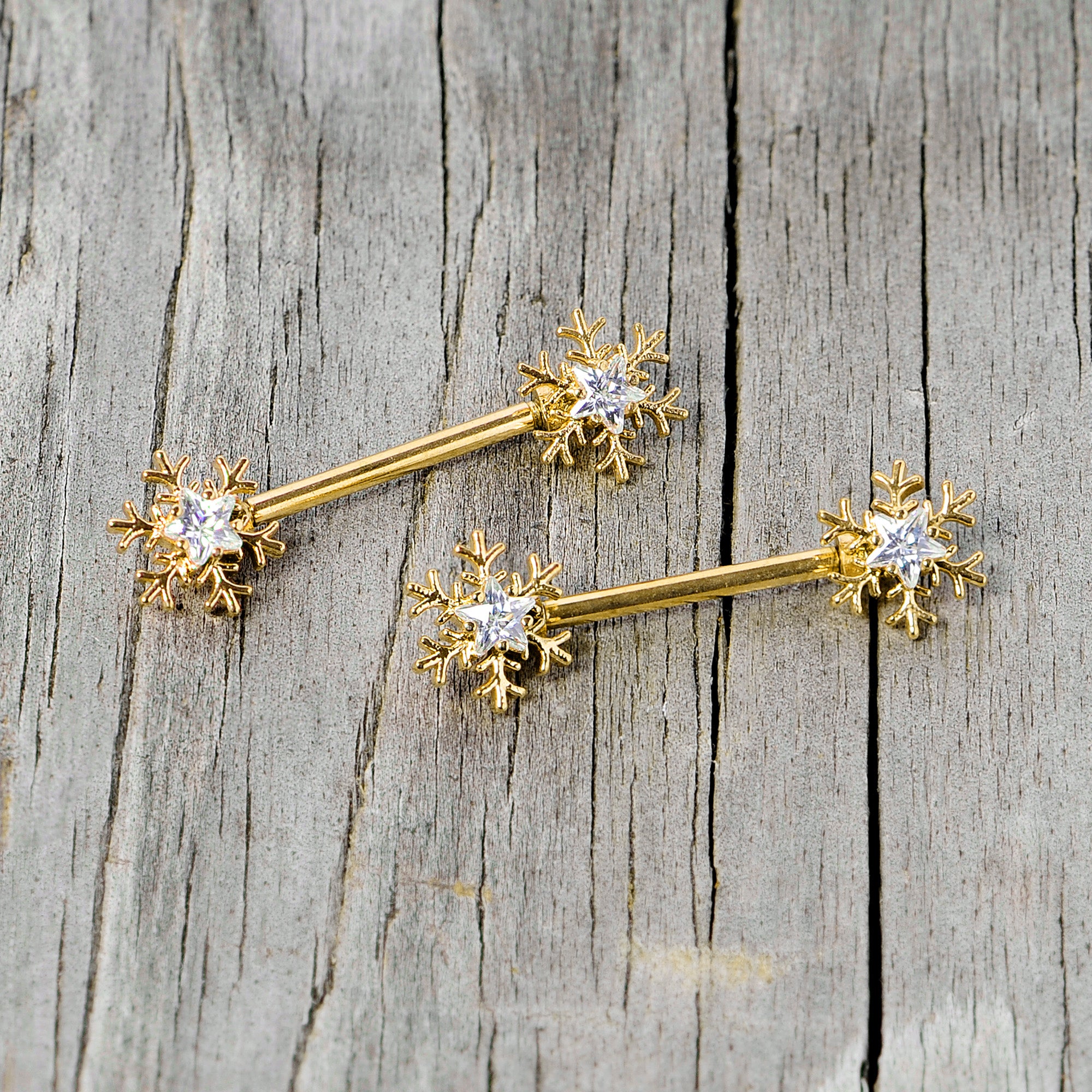 14G 9/16 Clear Gem Gold Tone Snowflake Christmas Nipple Ring Set