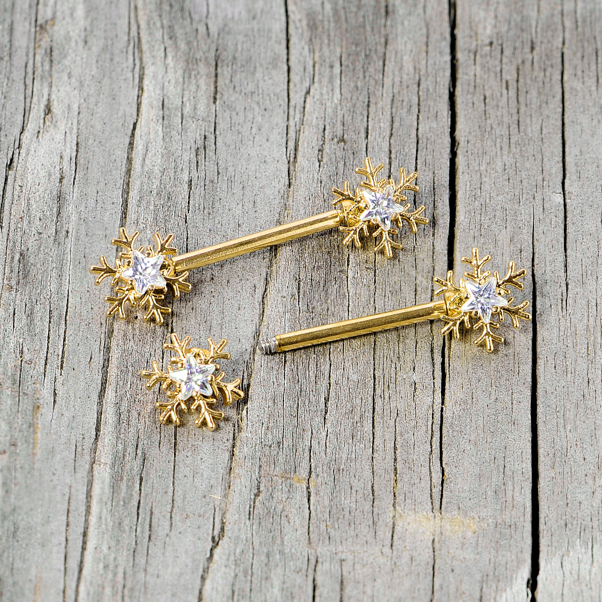 14G 9/16 Clear Gem Gold Tone Snowflake Christmas Nipple Ring Set