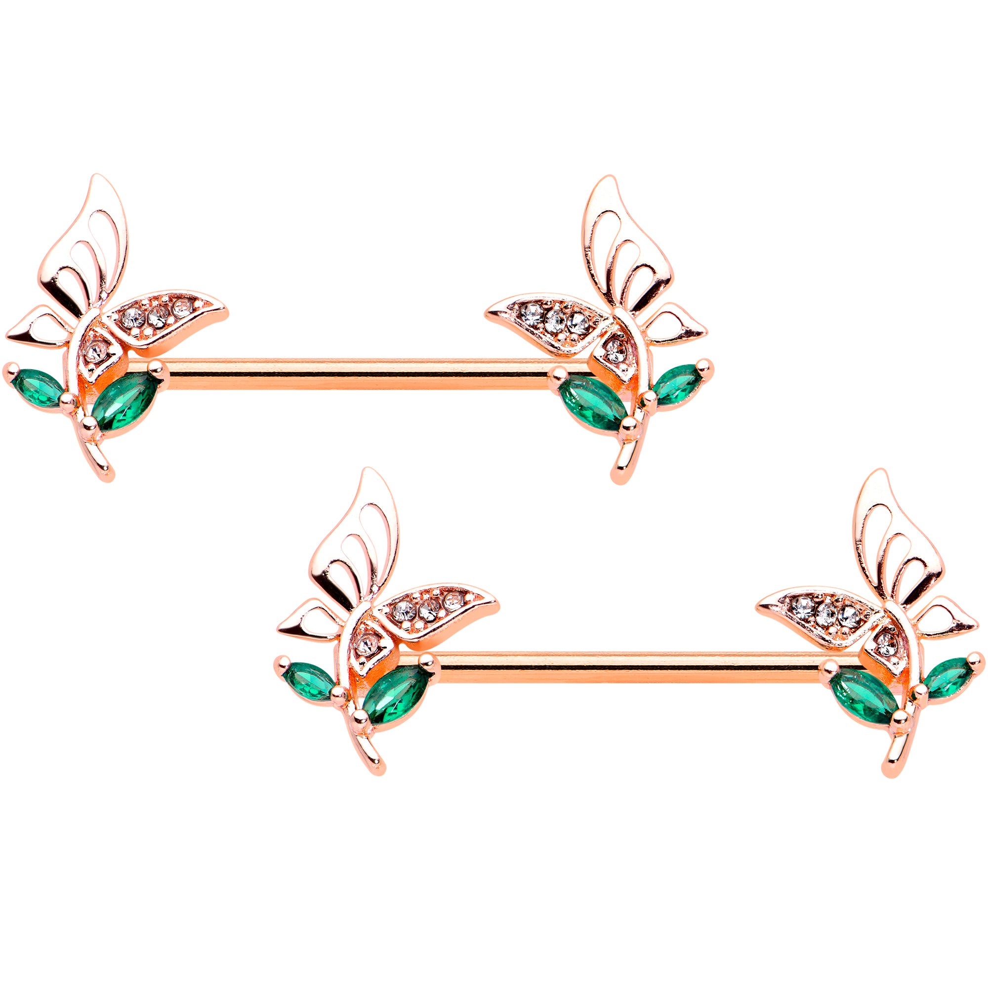 14G 9/16 Rose Gold Tone Clear Gem Flora Butterfly Nipple Ring Set
