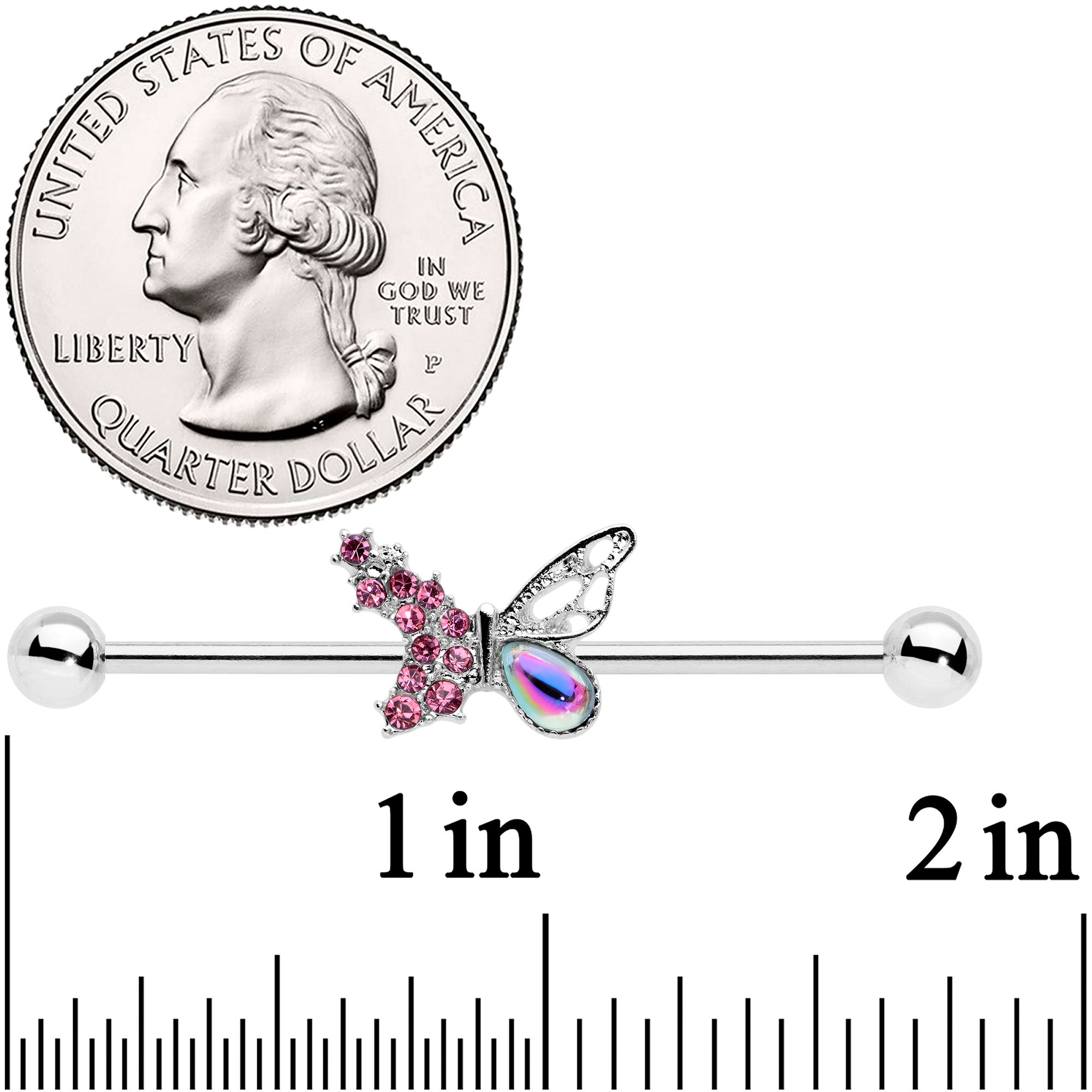 14G Pink Aurora Gem Super Glam Butterfly Industrial Barbell 38mm