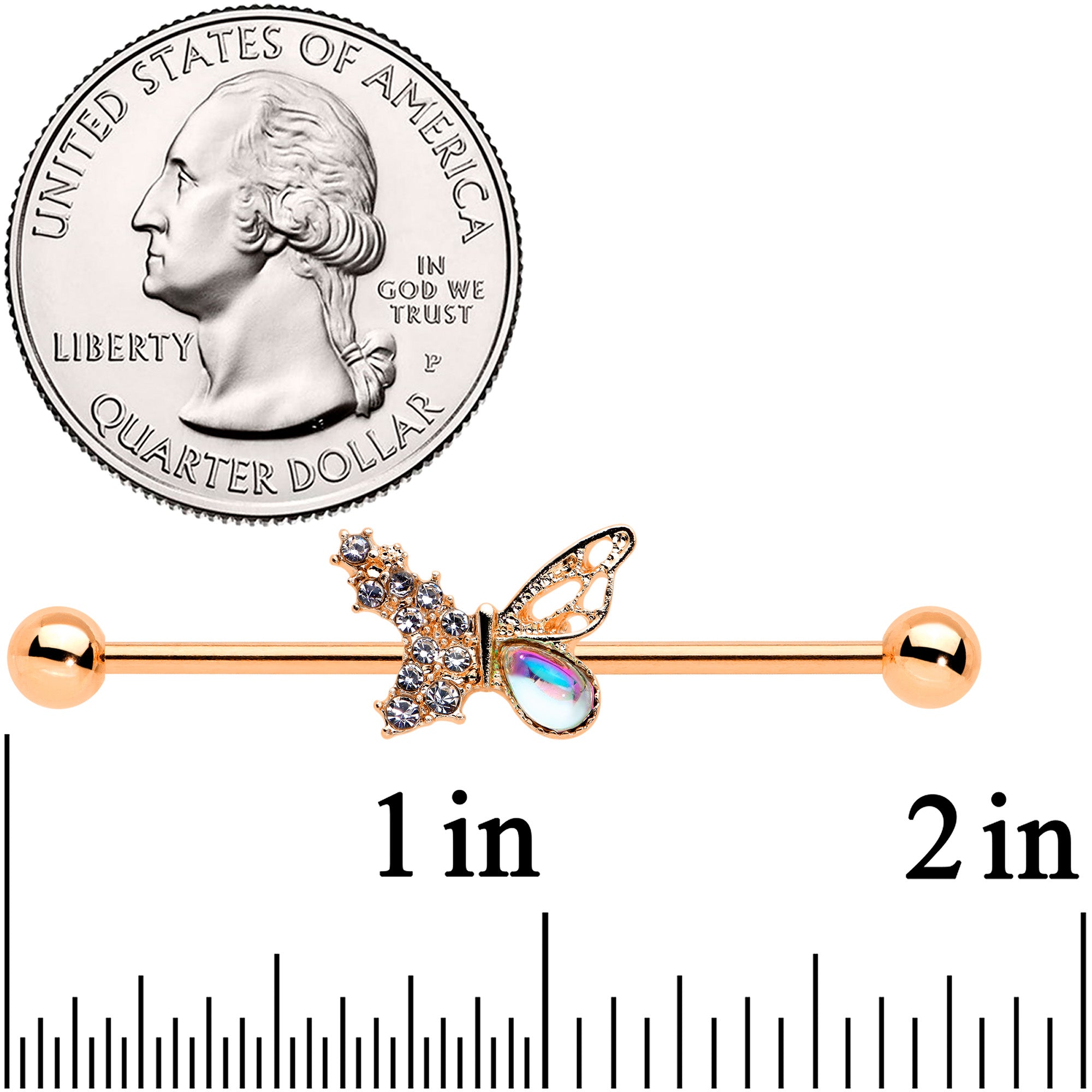 14G Jeweled Rose Gold Tone Fancy Butterfly Industrial Barbell 38mm