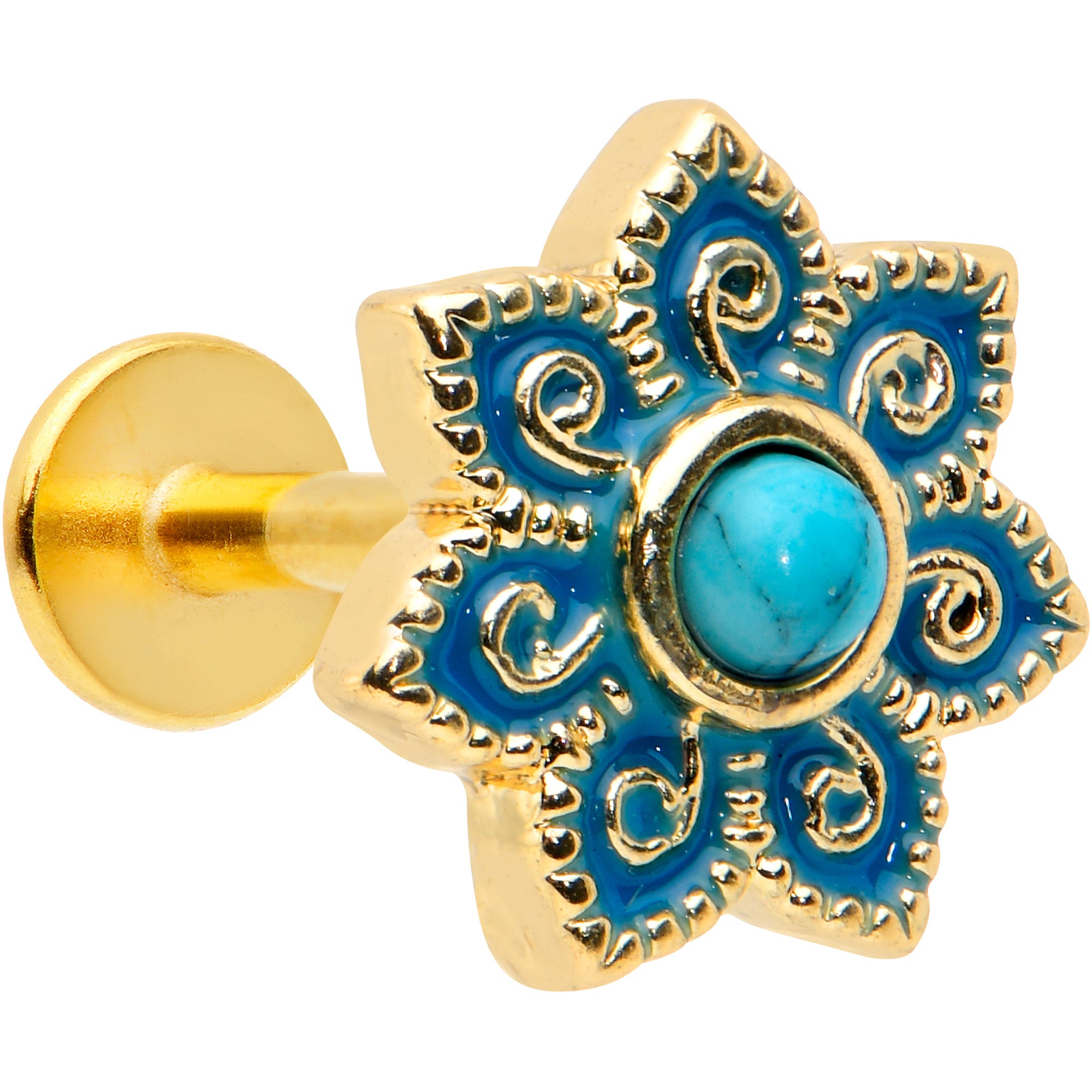 16G 1/4 Turquoise Gold Tone Baroque Flower Labret Monroe Tragus