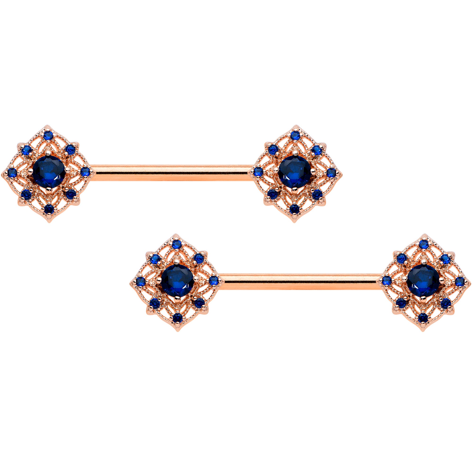 14G 9/16 Blue Gem Rose Gold Tone Wicked Web Nipple Ring Set