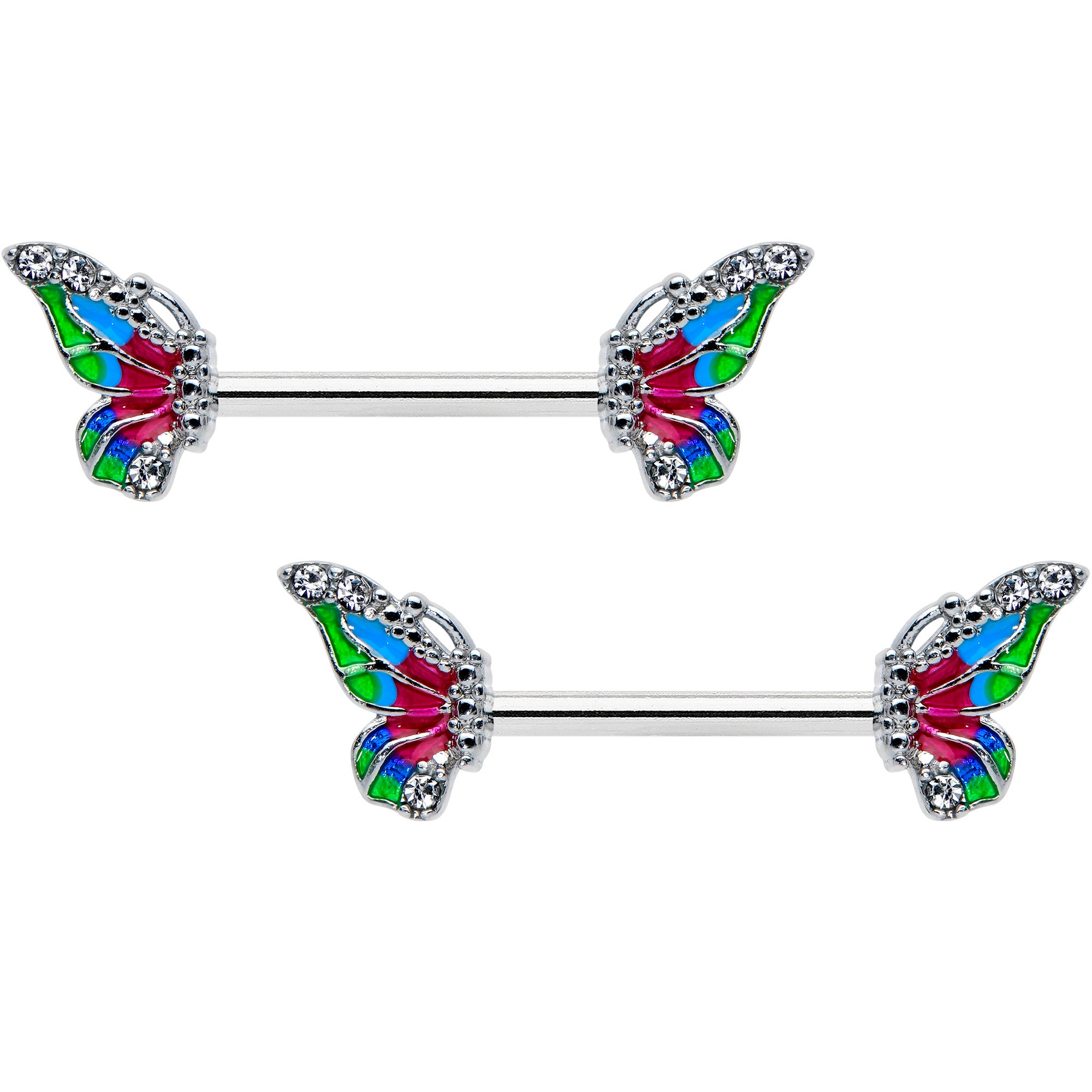 14G 1/2 Clear Gem Bright Beauty Butterfly Barbell Nipple Ring Set