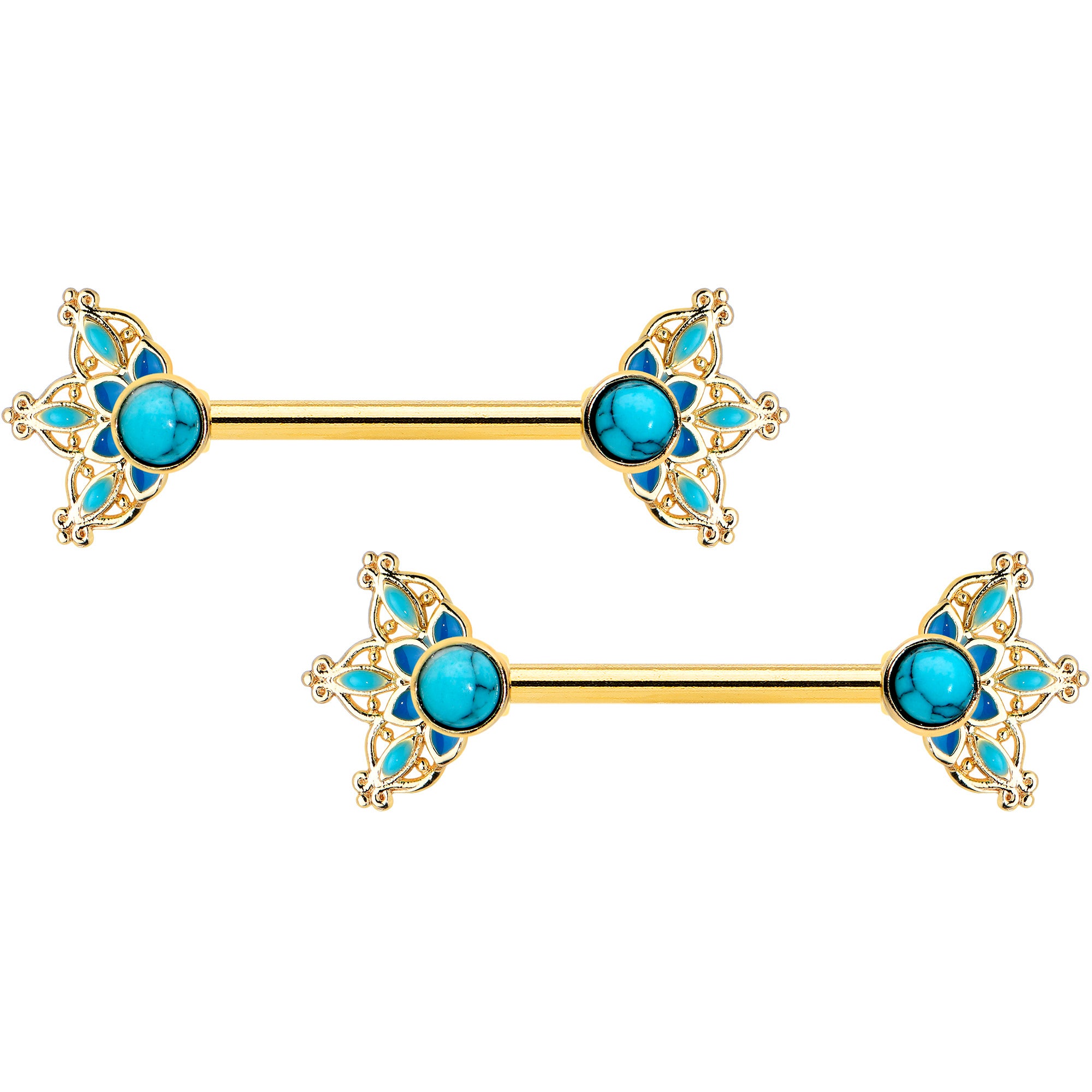 14G 9/16 Blue Turquoise Gold Tone Opulent Bloom Nipple Ring Set