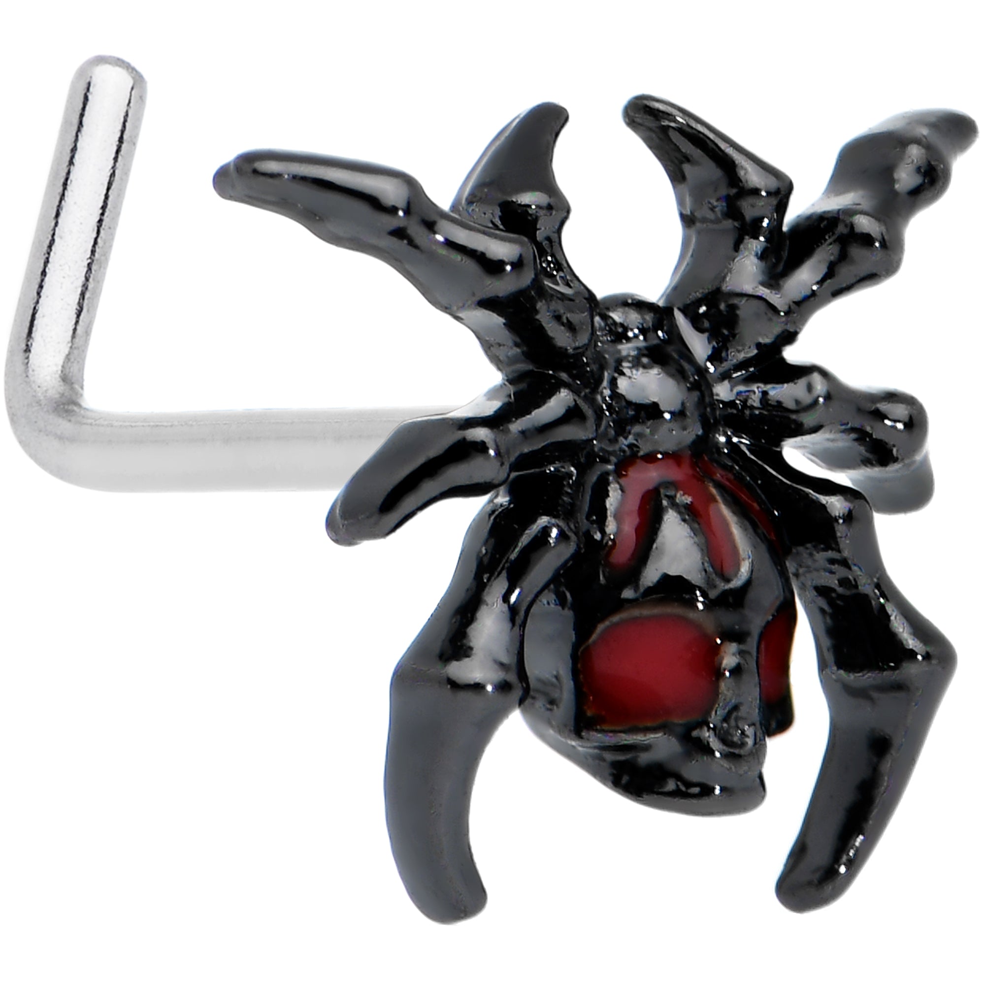 20G 1/4 Red Gem Black Spider Skull Halloween L Shape Nose Ring