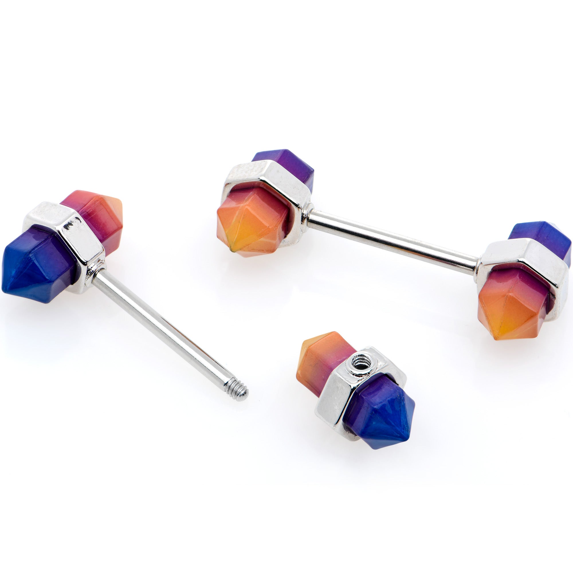 14G 9/16 Blue Ombre Tourmaline Natural Stone Barbell Nipple Ring Set