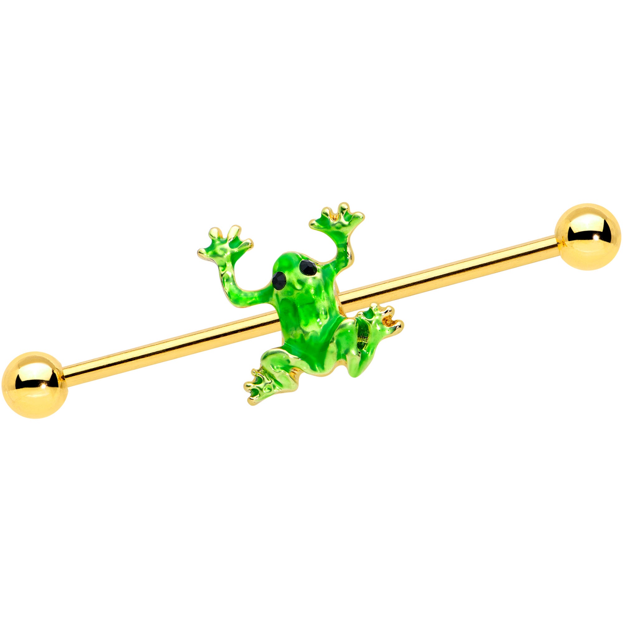 14G Gold Tone Green Tree Frog Industrial Barbell 38mm