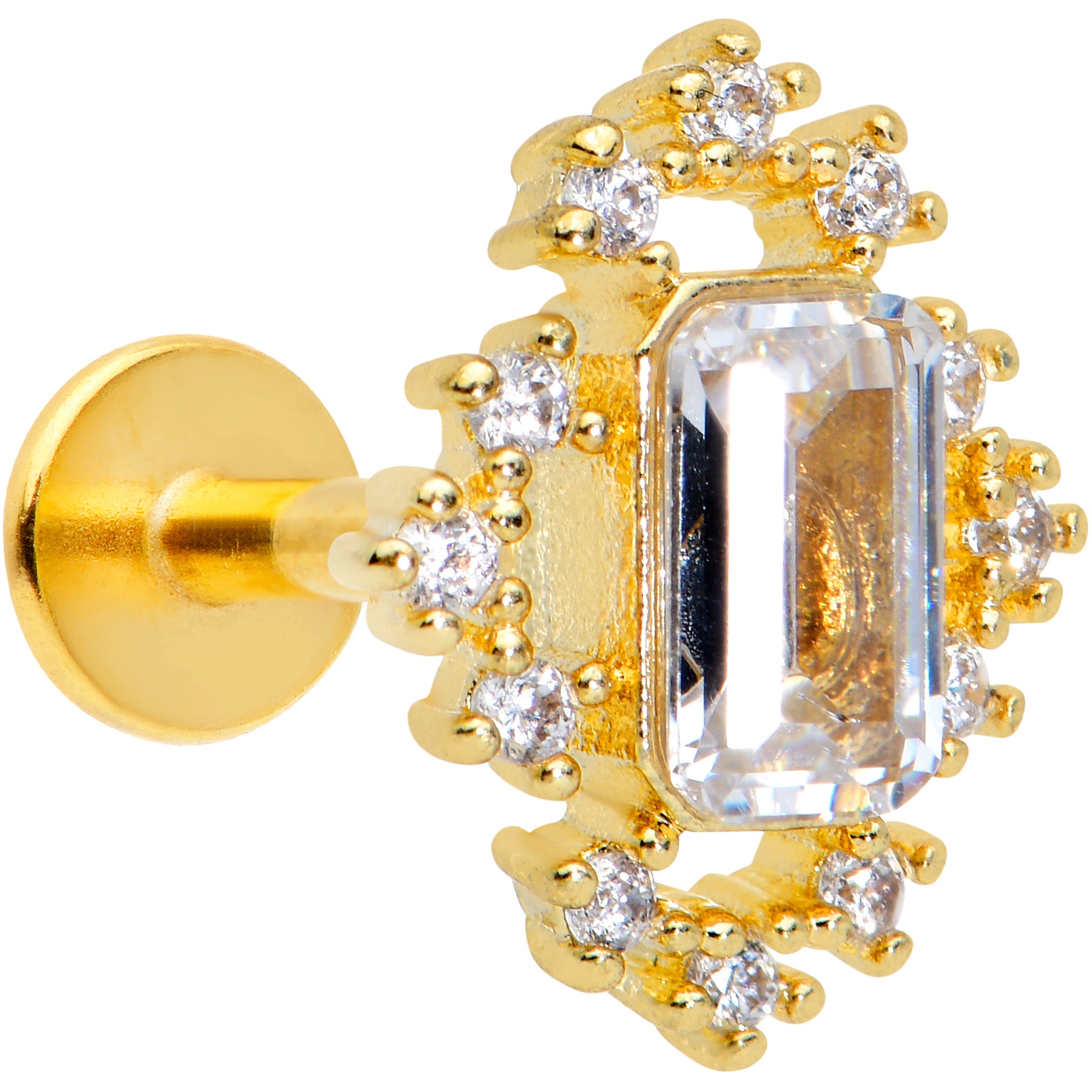 16G 1/4 Clear Gem Gold Tone Regal Rectangle Labret Monroe Tragus